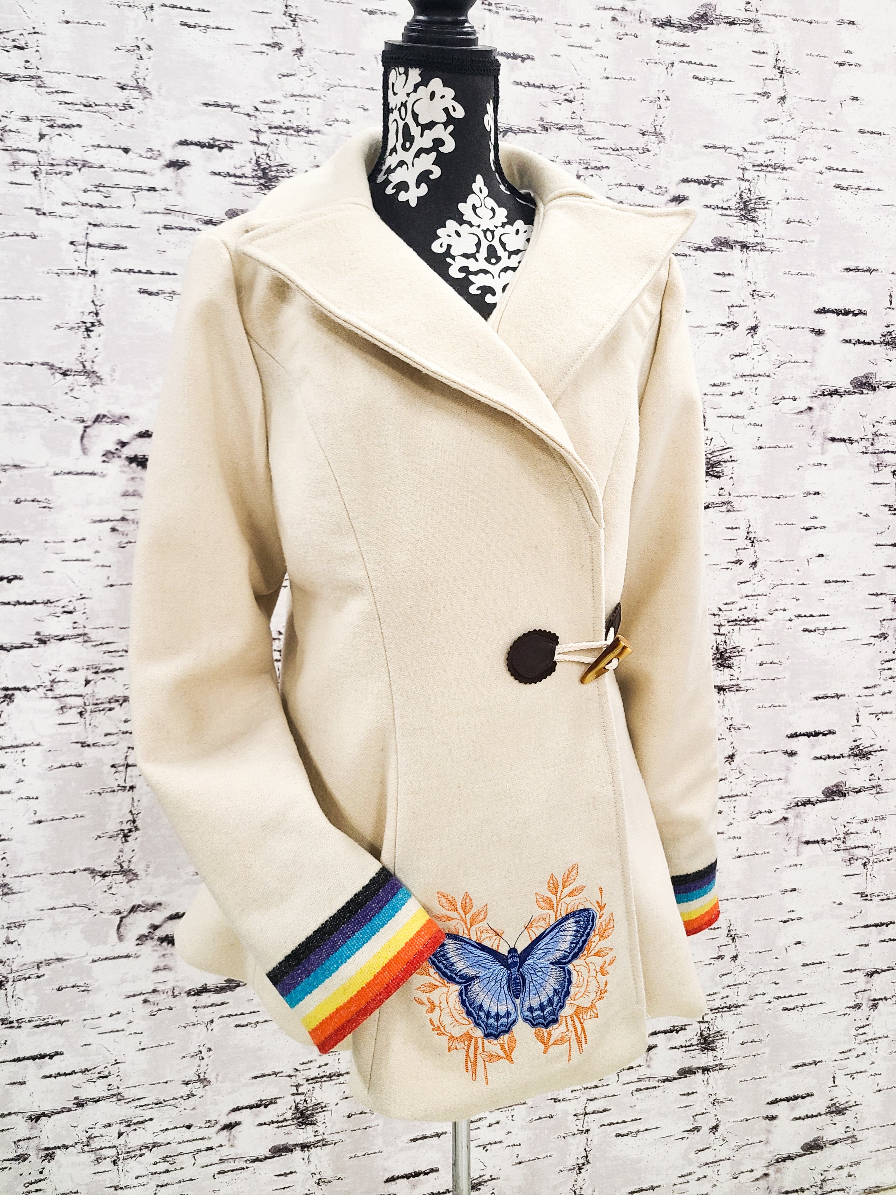 Handmade Cream Wool Coat w/ Butterfly Design
