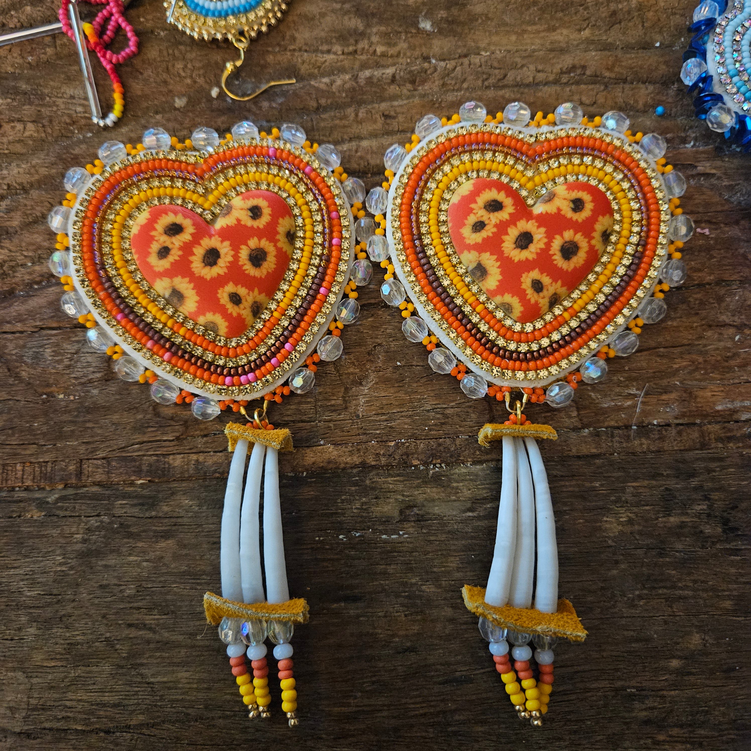 Meg Sheridan Orange Heart w/ Dentalium & Moosehide Earrings