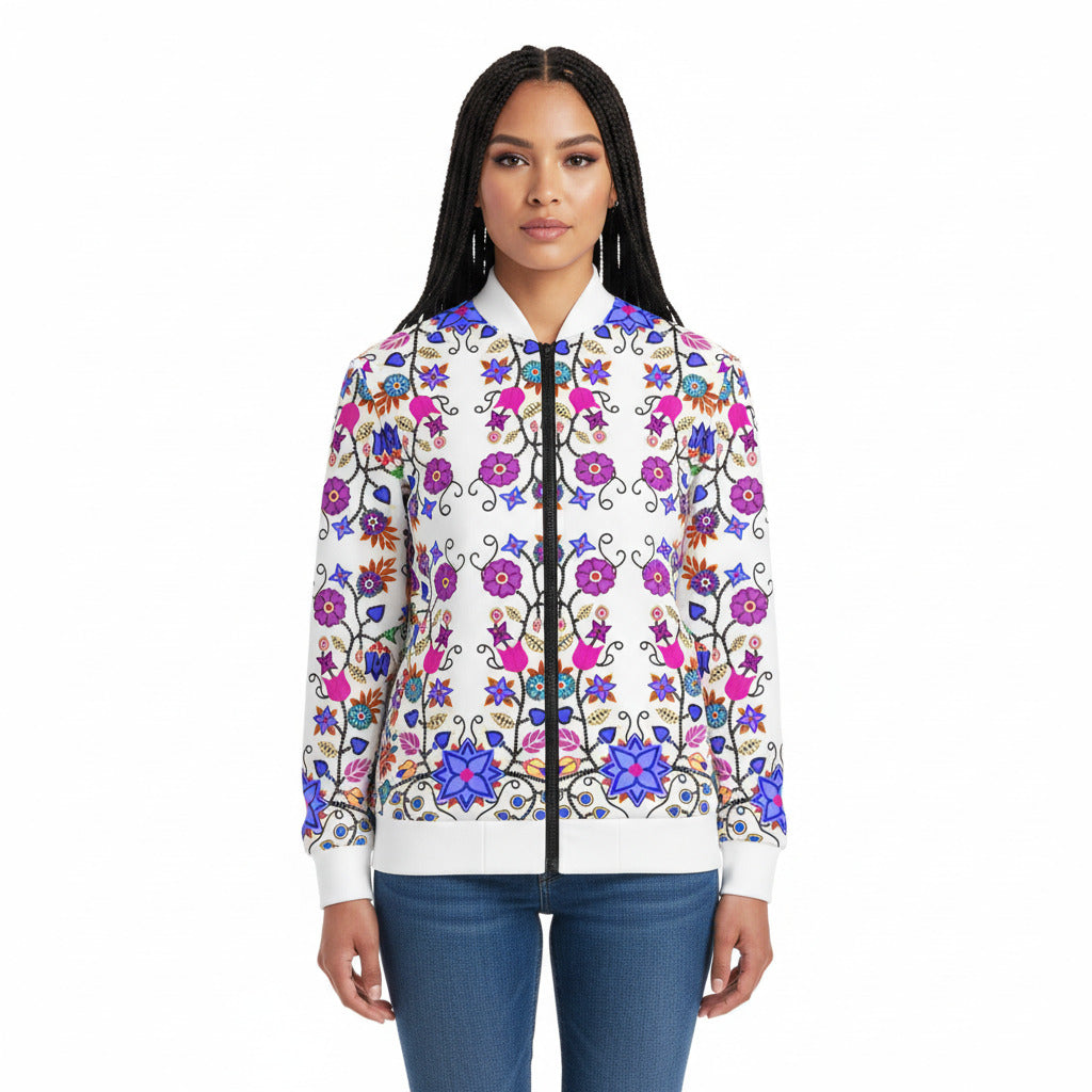 Floral Beadwork Seven Clans White Zippered Collared Lightweight Jacket
