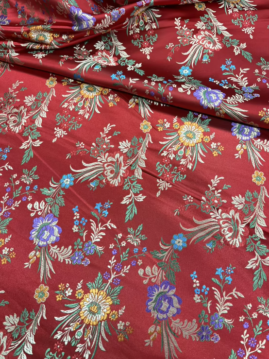 Deep Red Floral Jacquard Fabric