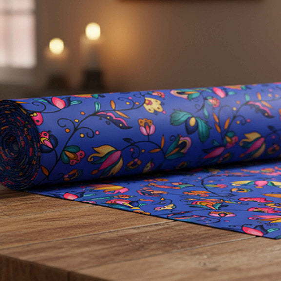 Copper Prairie Petals Blue Satin Fabric