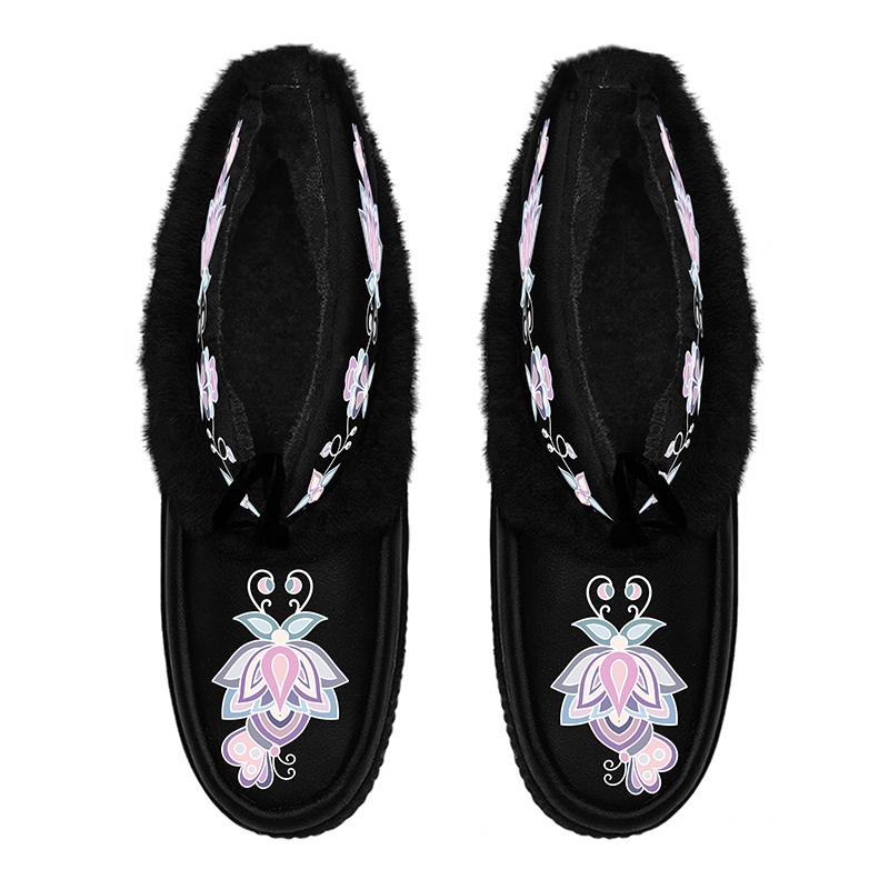 Snow Petal Spirit Black Leather MocLux Ankle with Fur