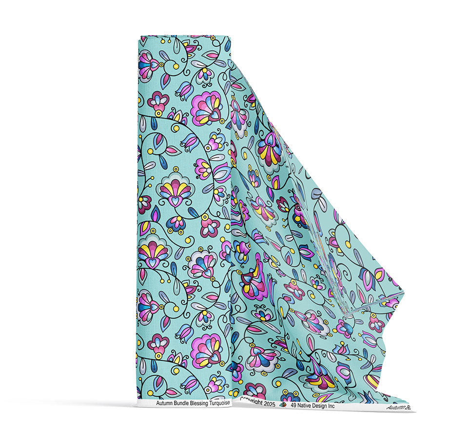 Autumn Bundle Blessing Turquoise Satin Fabric