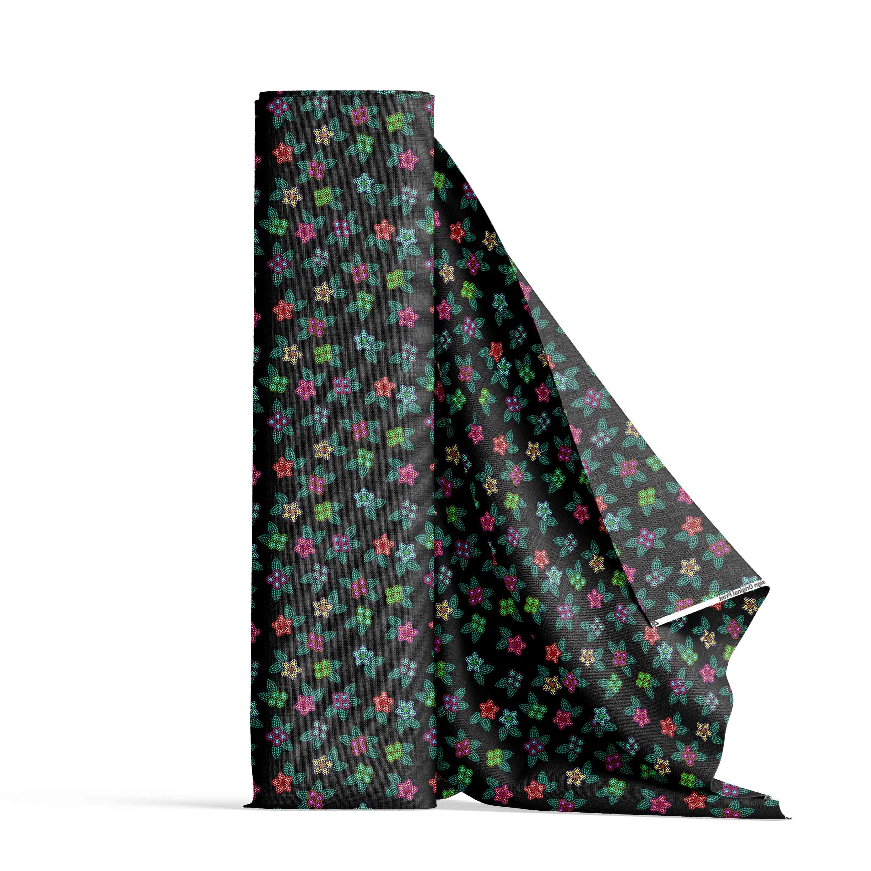 Berry Flowers Black Cotton Poplin Fabric By the Yard