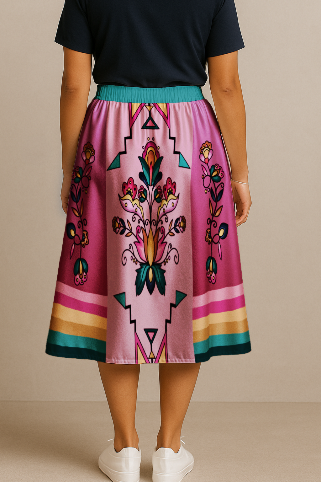 Copper Prairie Petals V2 Elastic Waist Pocket Midi Skirt