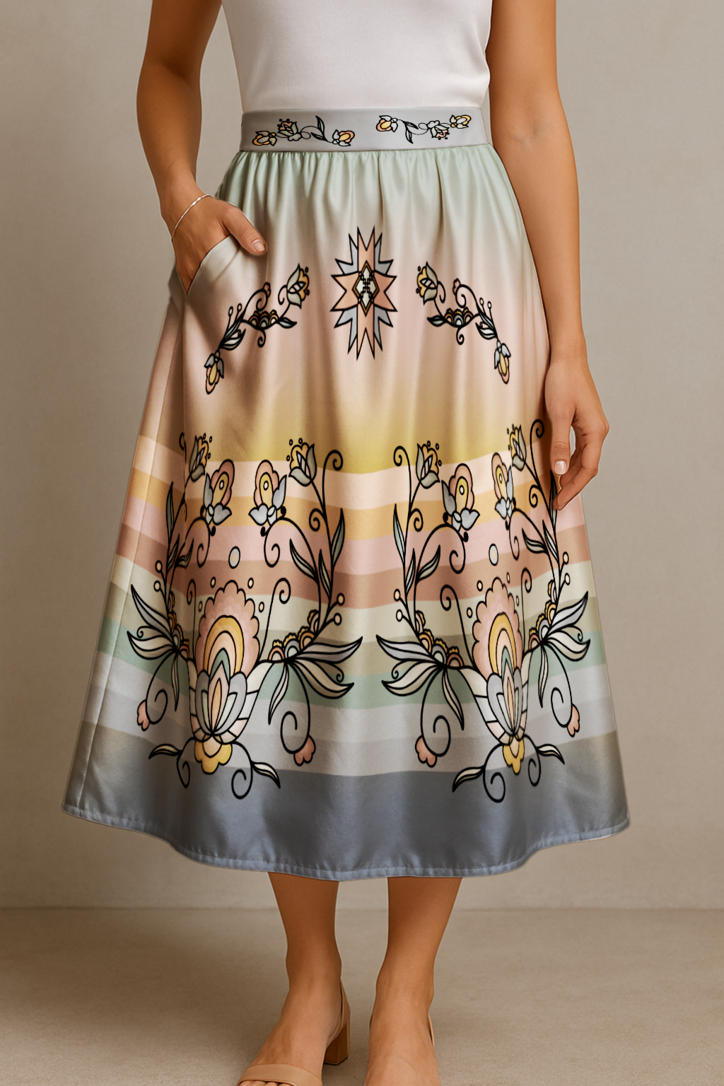 Falling Leaf Rising Bloom Elastic Waist Pocket Midi Skirt
