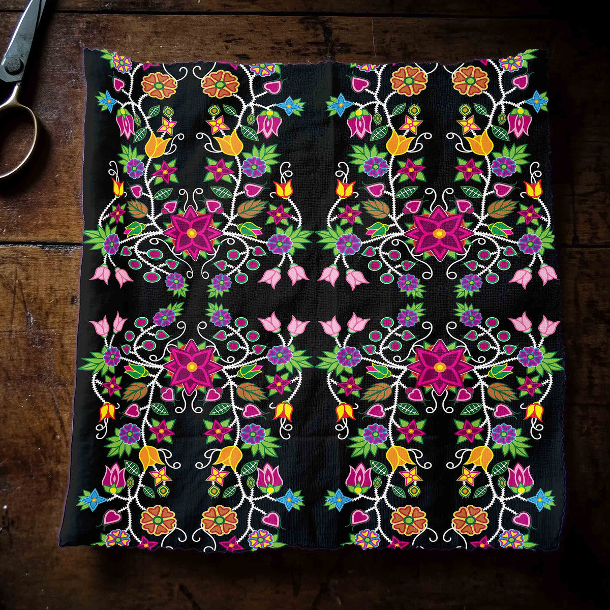 Floral Beadwork Black Cotton Poplin