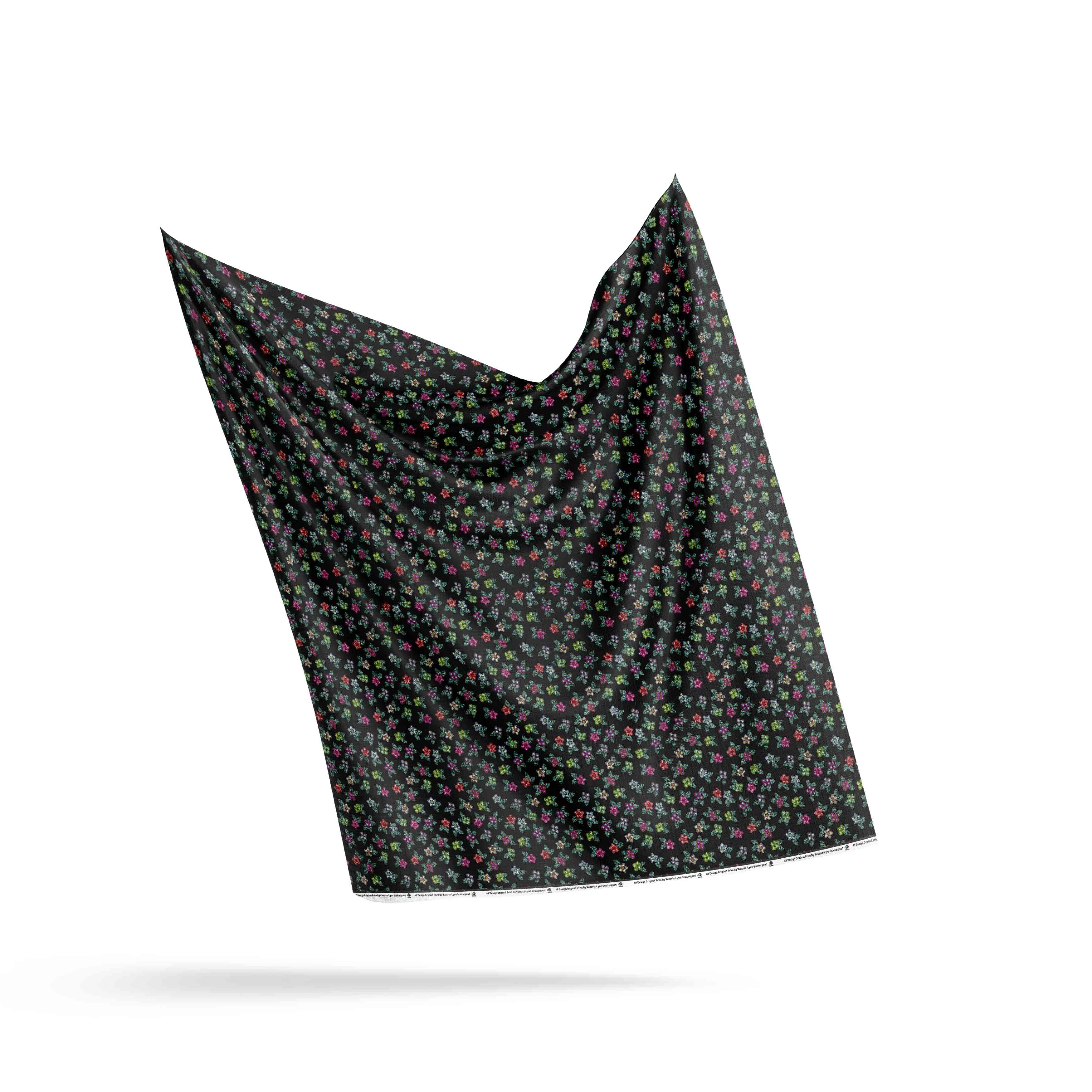Berry Flowers Black Cotton Poplin Fabric By the Yard