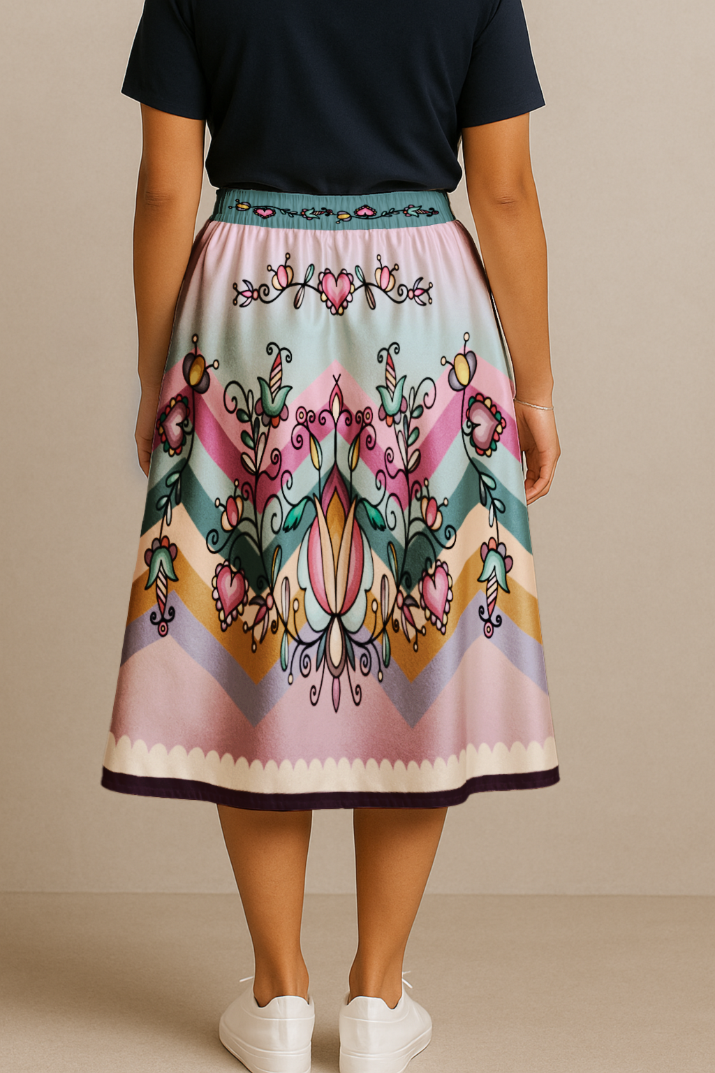 Harvest Hearth Floral Elastic Waist Pocket Midi Skirt