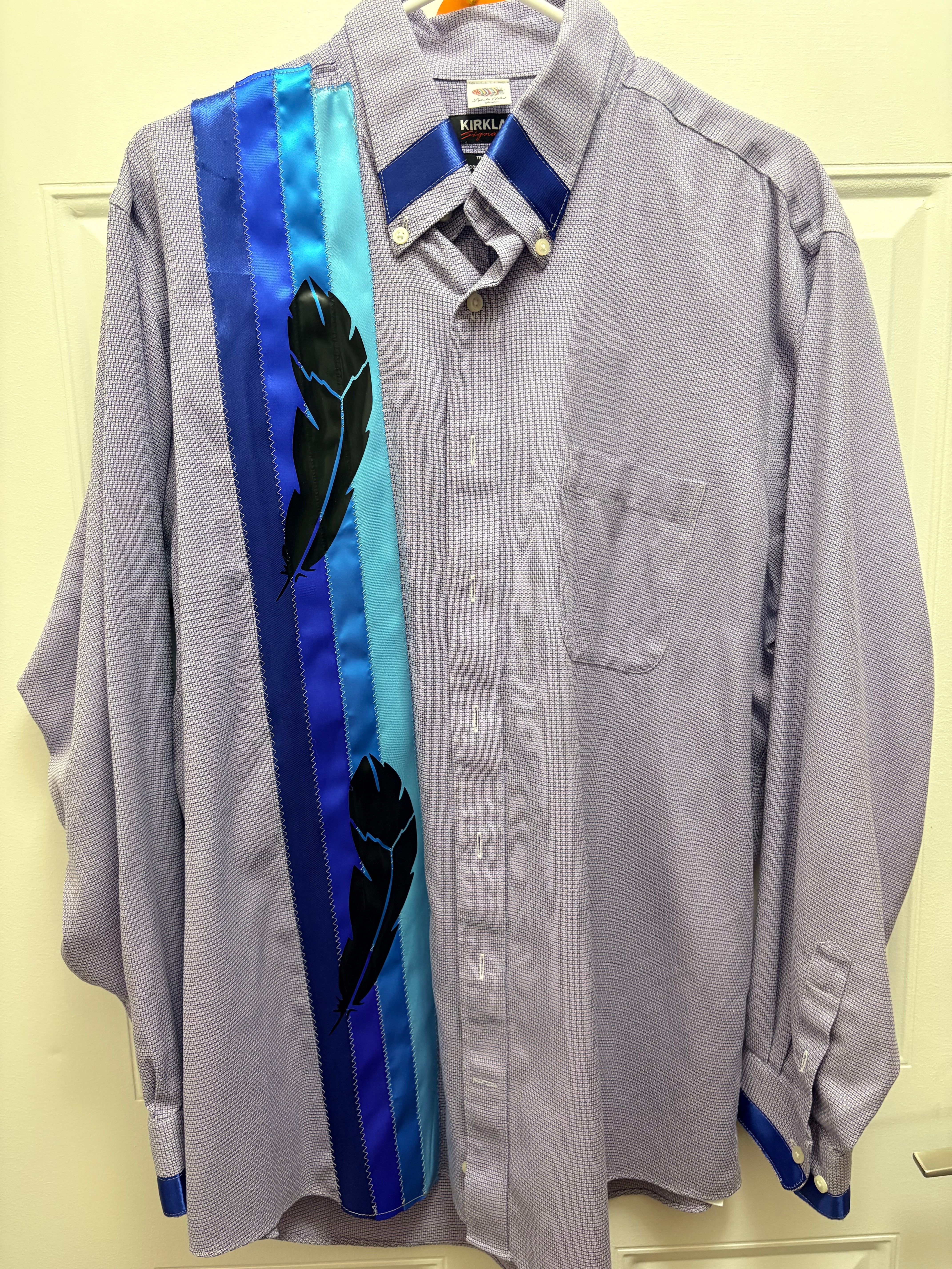 Lakota Artist Jackie Purple & Blue w/ Feather Ribbon Shirt