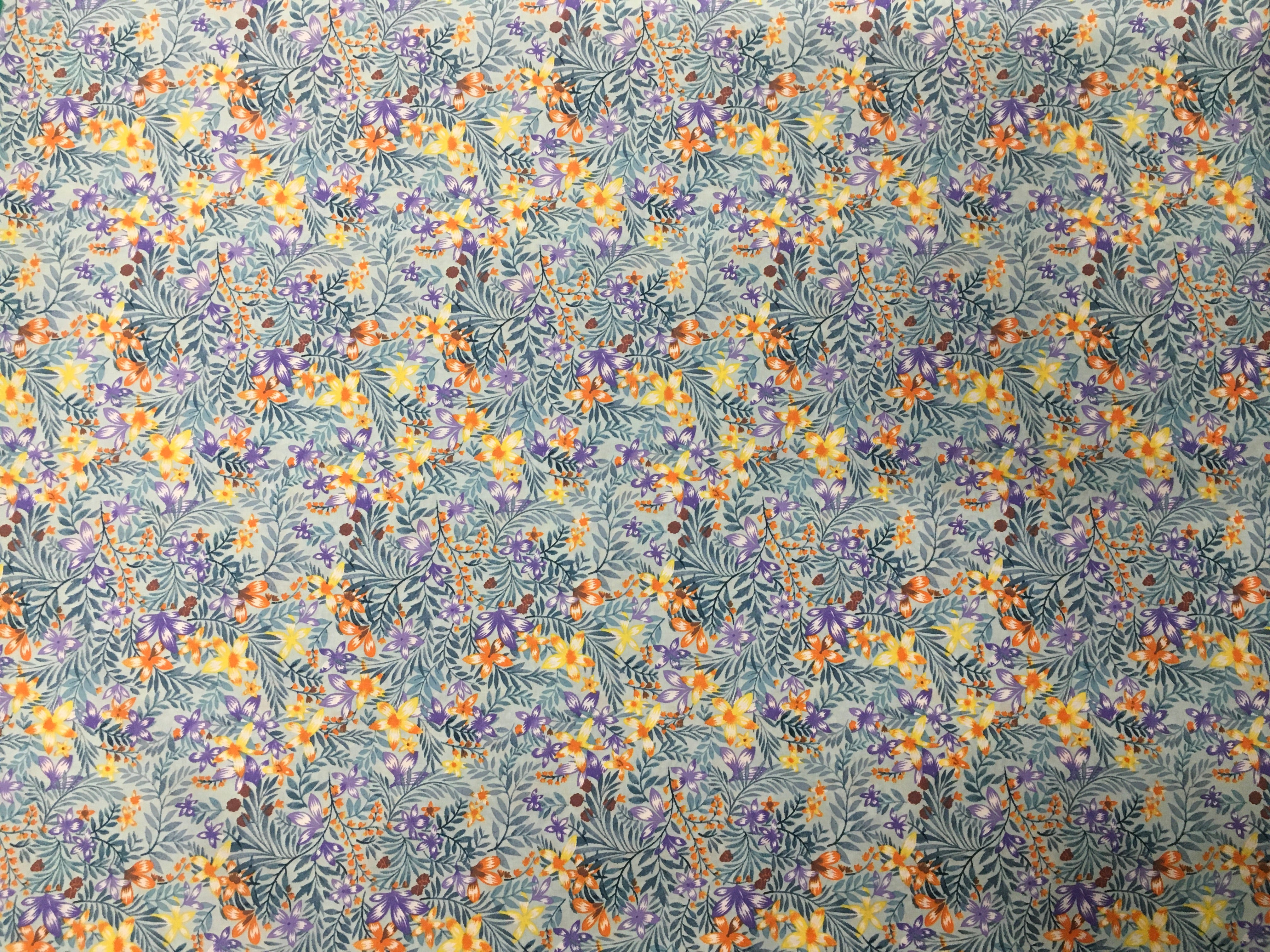 Orange and Blue Spring Flowers Teal Background 56 inch Cotton Fabric