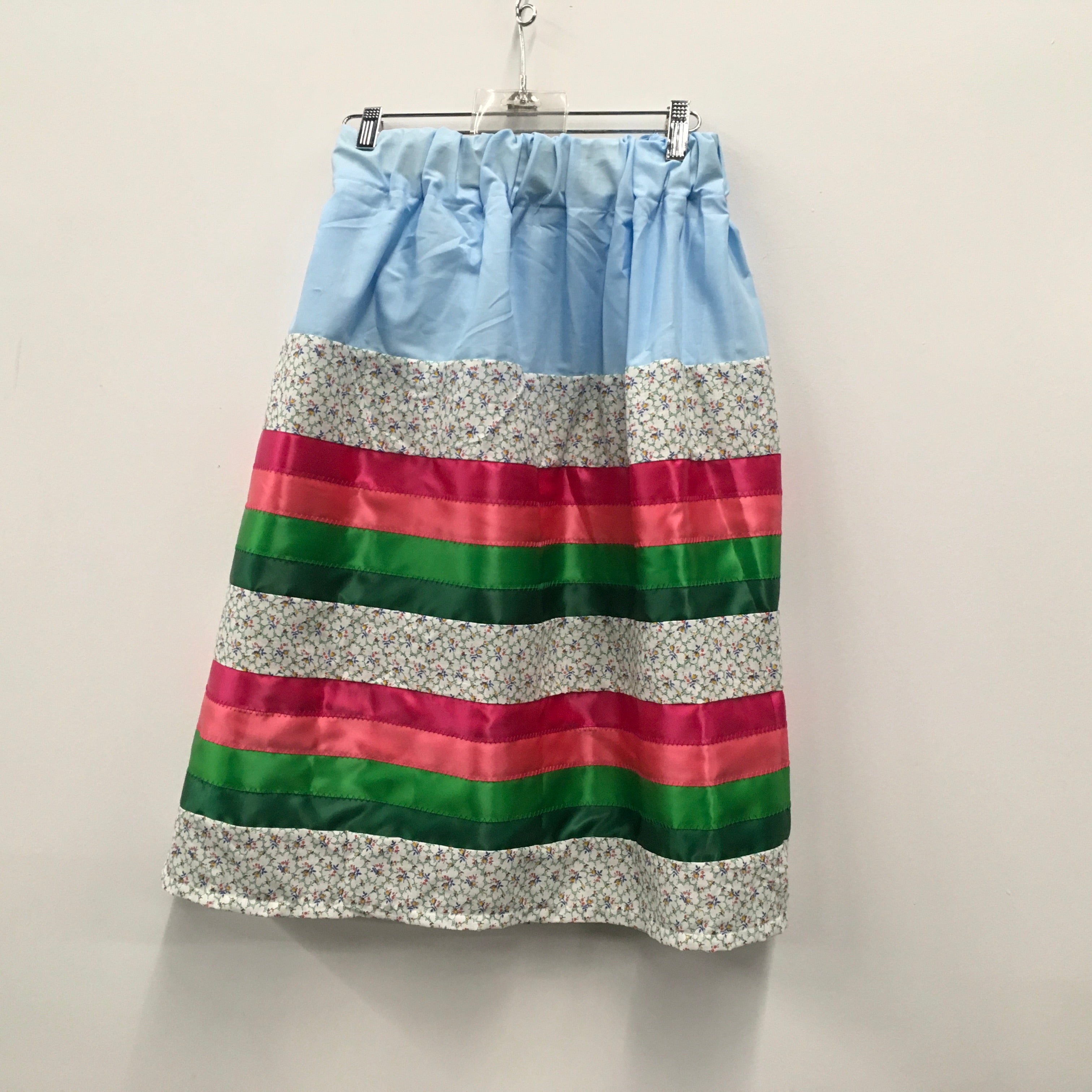Handmade Ribbon Skirt Blue Florals w/ Pink/Green Ribbons
