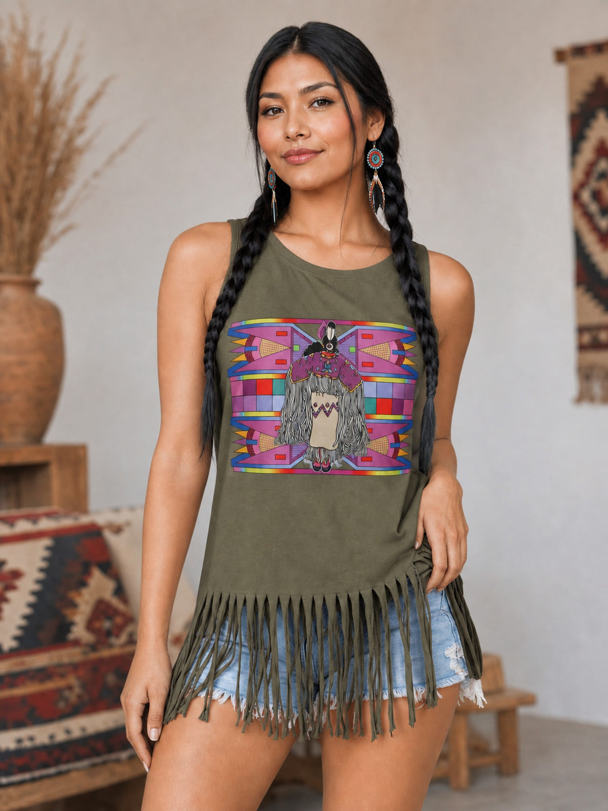 Large Size Tank Top with Fringe Accent 09