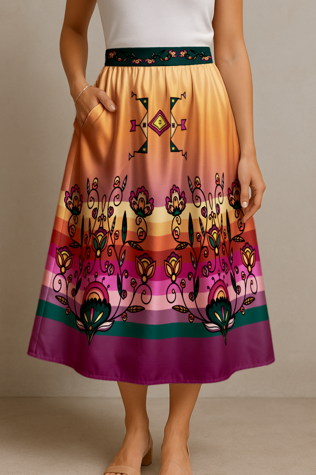 Maple Shine Ribbon Rose Elastic Waist Pocket Midi Skirt