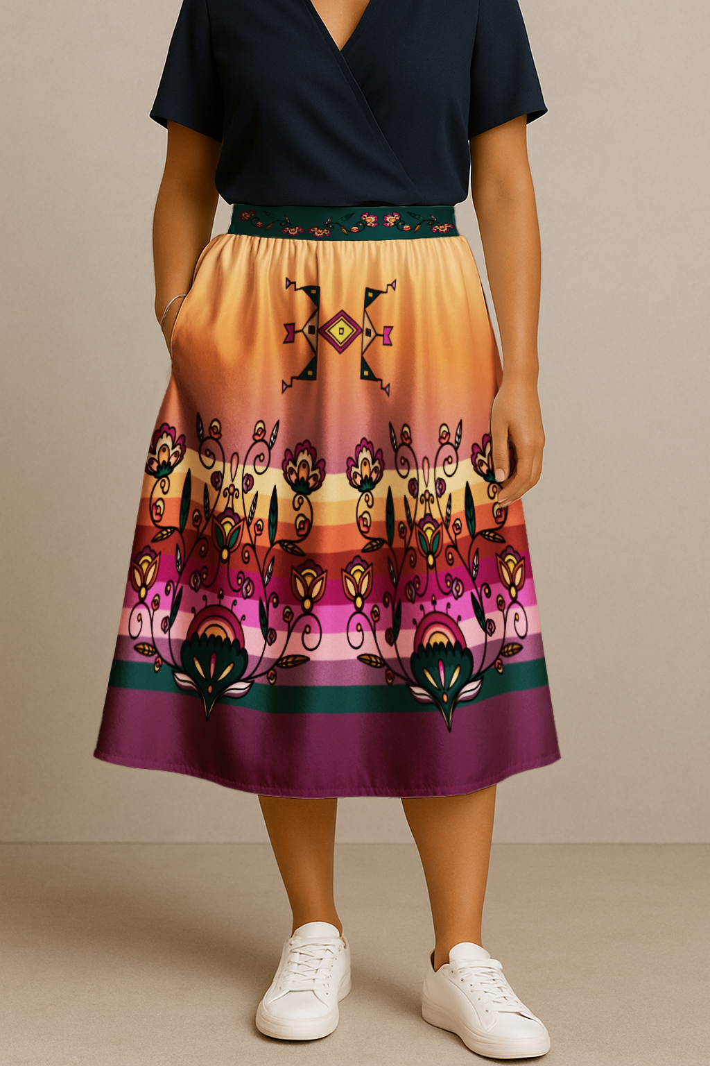 Maple Shine Ribbon Rose Elastic Waist Pocket Midi Skirt