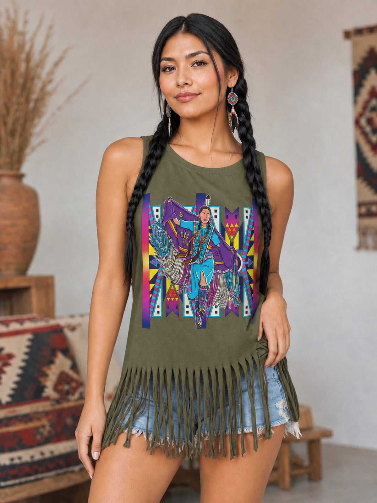 Large Size Tank Top with Fringe Accent 07