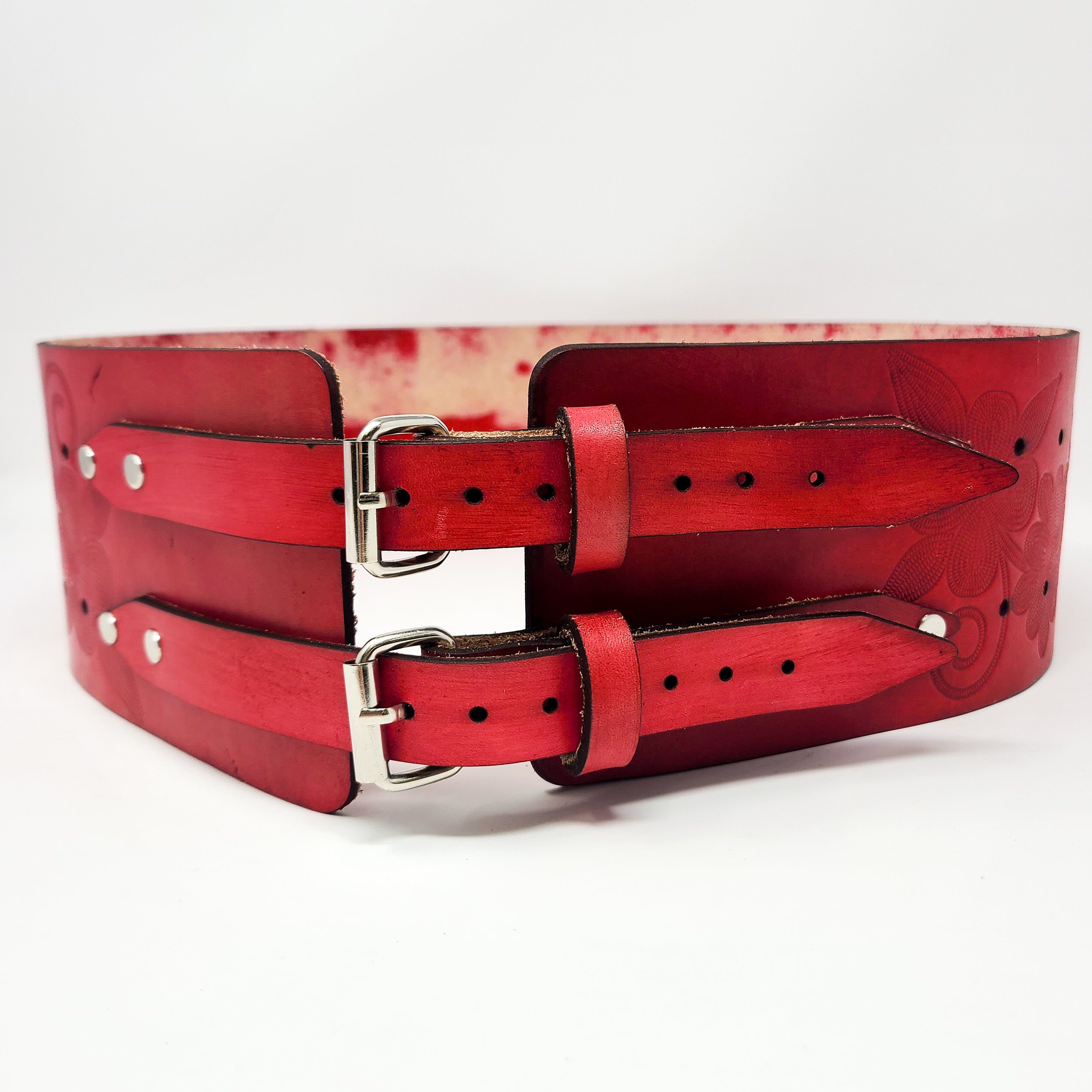 Red Midnight Garden/Buffalo Handmade Thick 4 Inch Leather Belt (39in-43in)