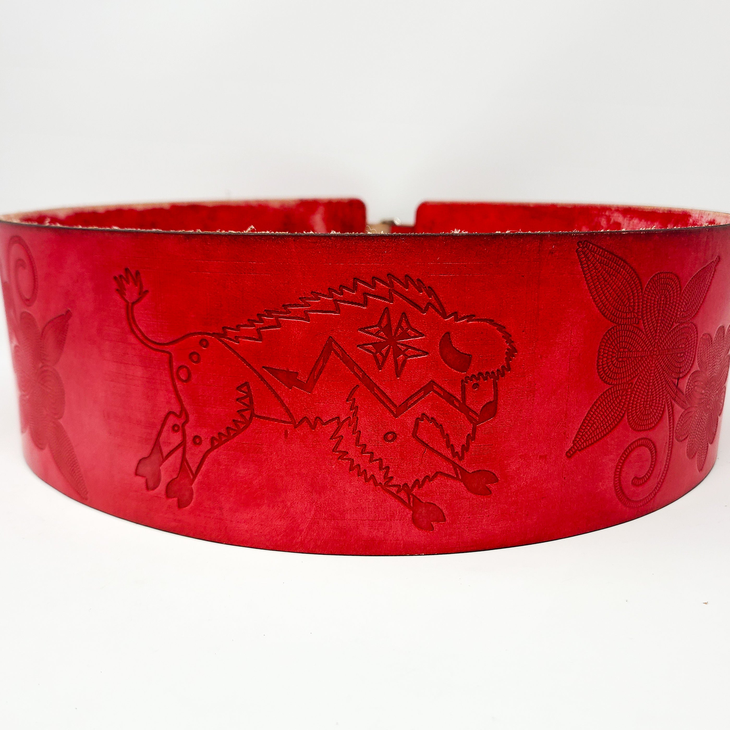 Red Midnight Garden/Buffalo Handmade Thick 4 Inch Leather Belt (39in-43in)