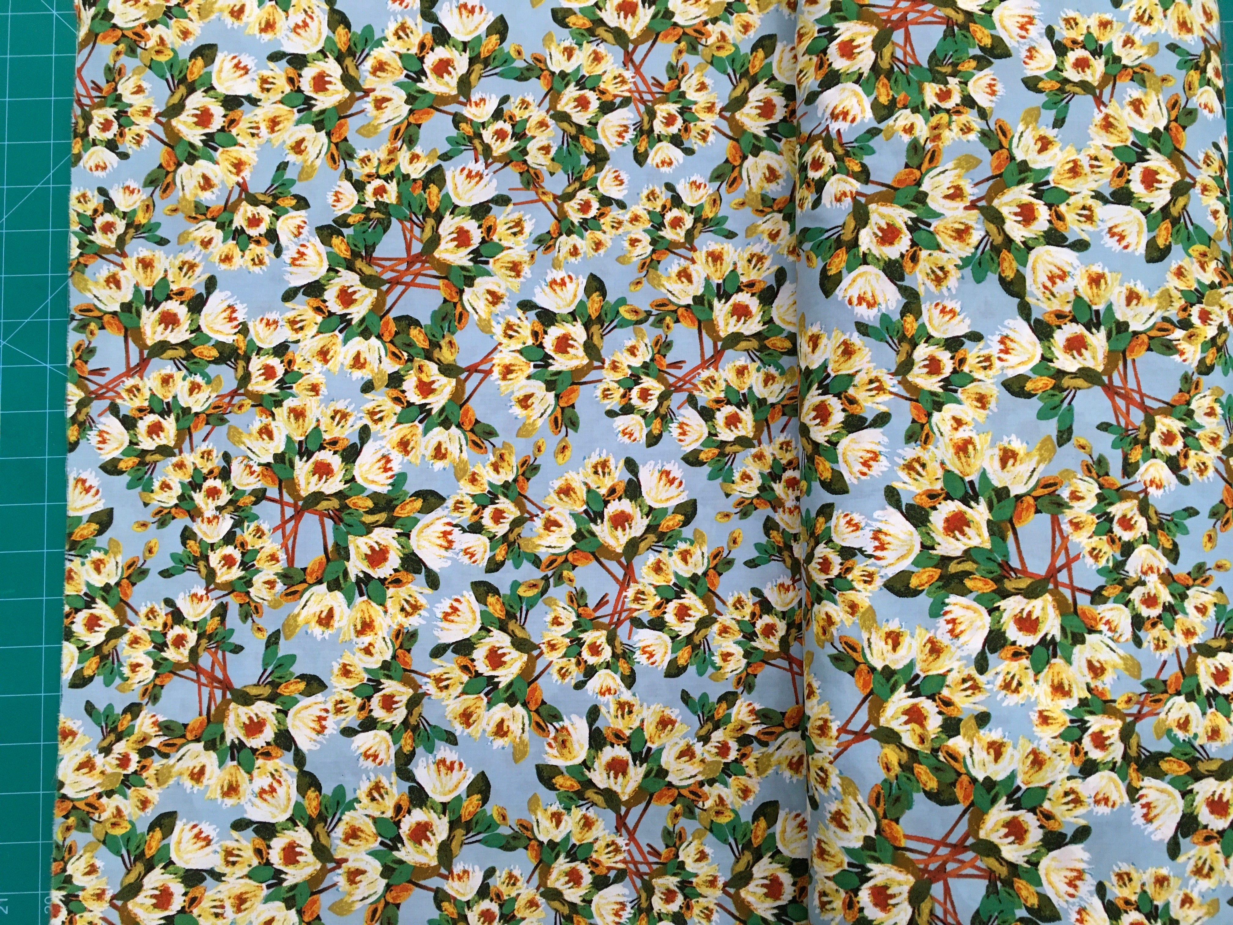 Yellow Flowers Blue Background 56 inch Cotton Fabric