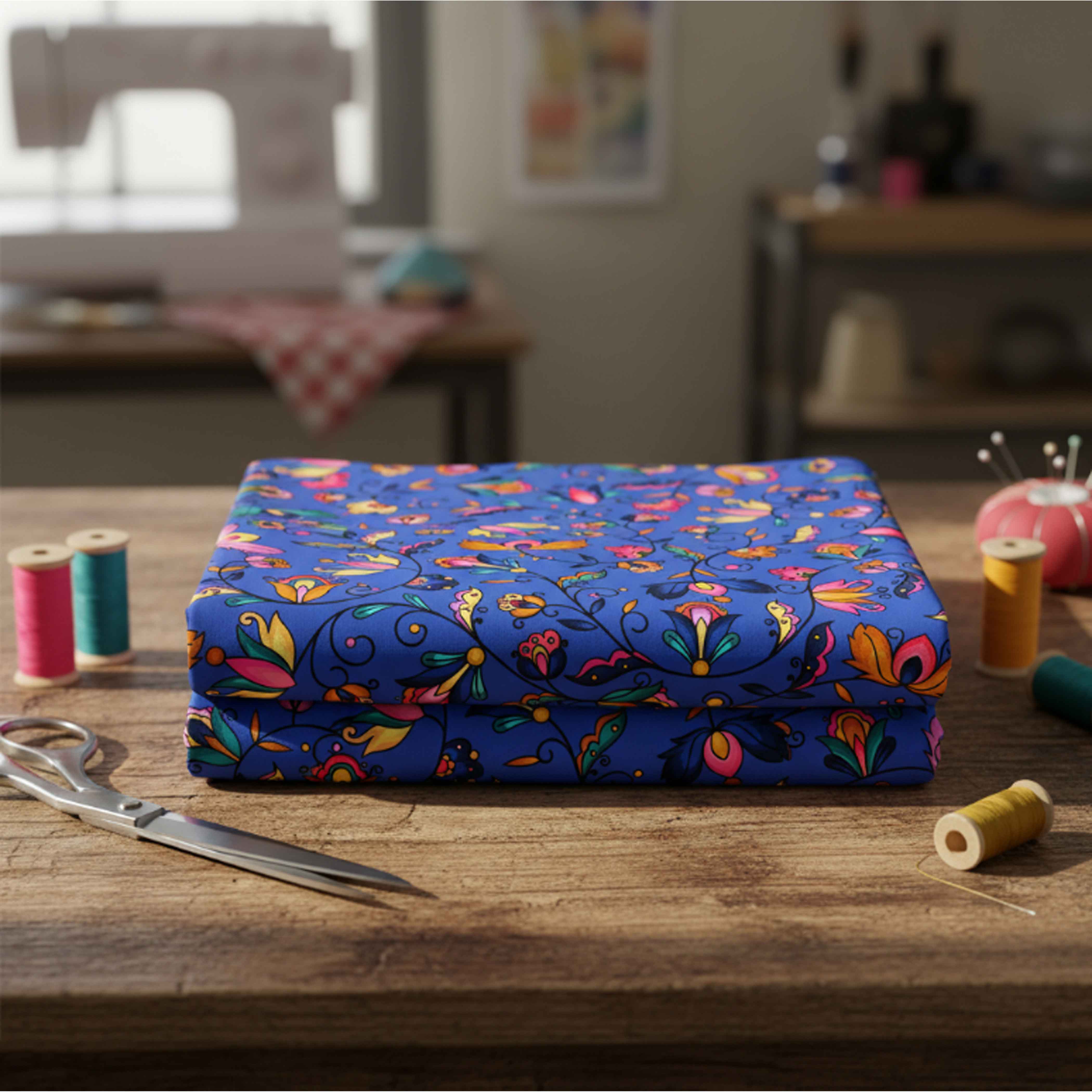 Copper Prairie Petals Blue Cotton Poplin