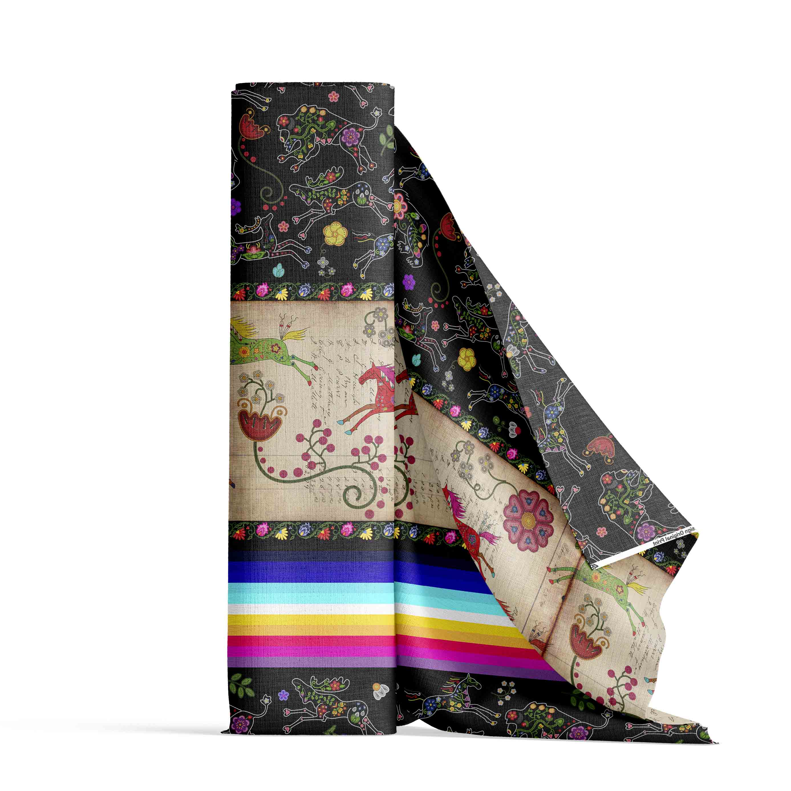 Floral Ledger Horse Black Satin Fabric