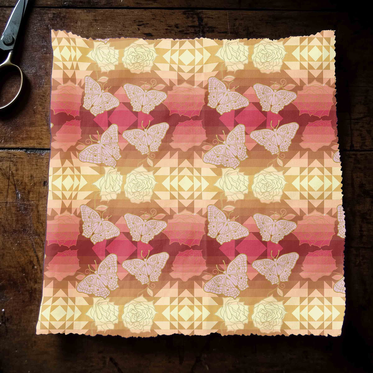 Butterfly and Roses on Geometric Cotton Poplin