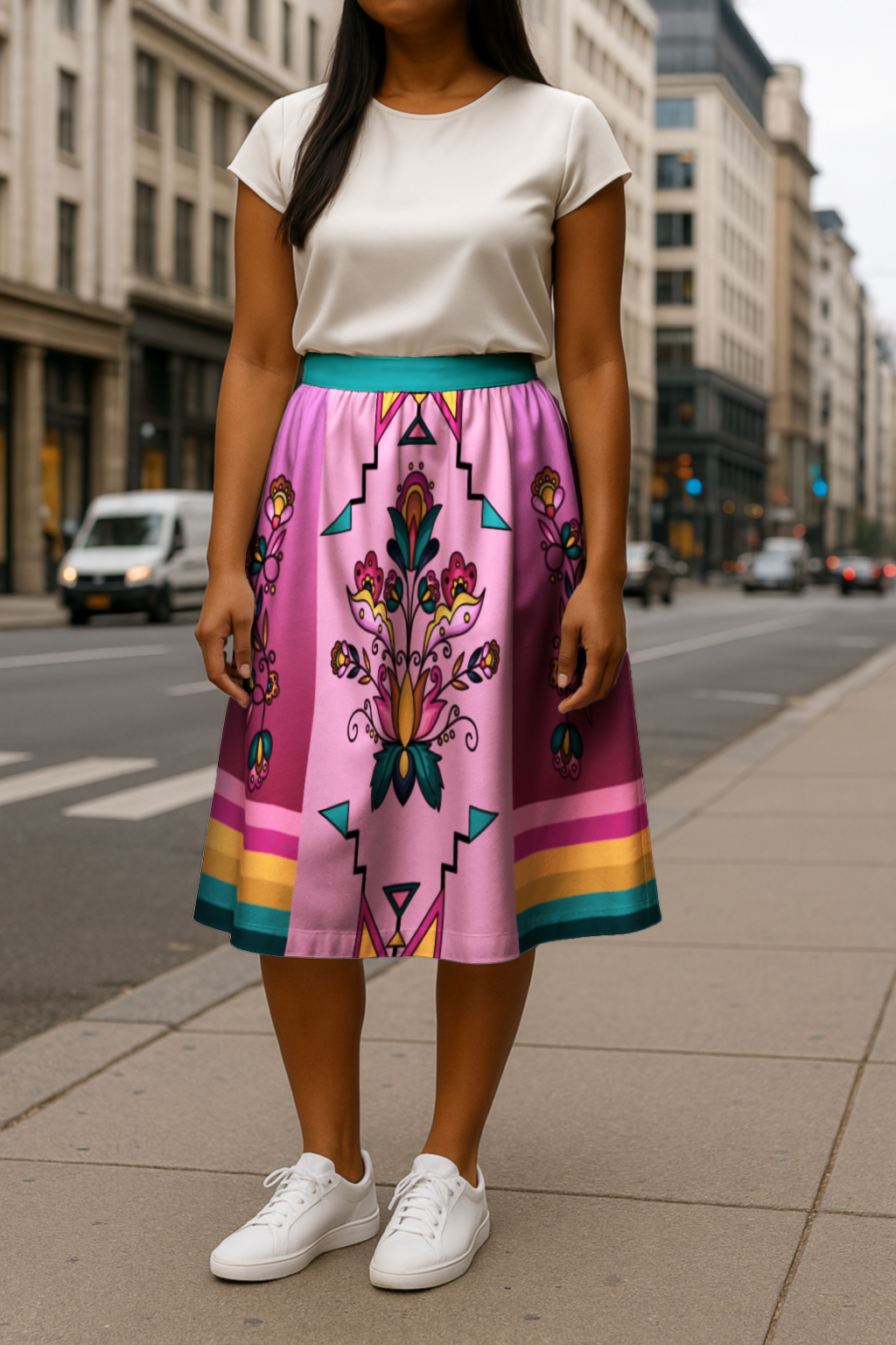Copper Prairie Petals V2 Elastic Waist Pocket Midi Skirt
