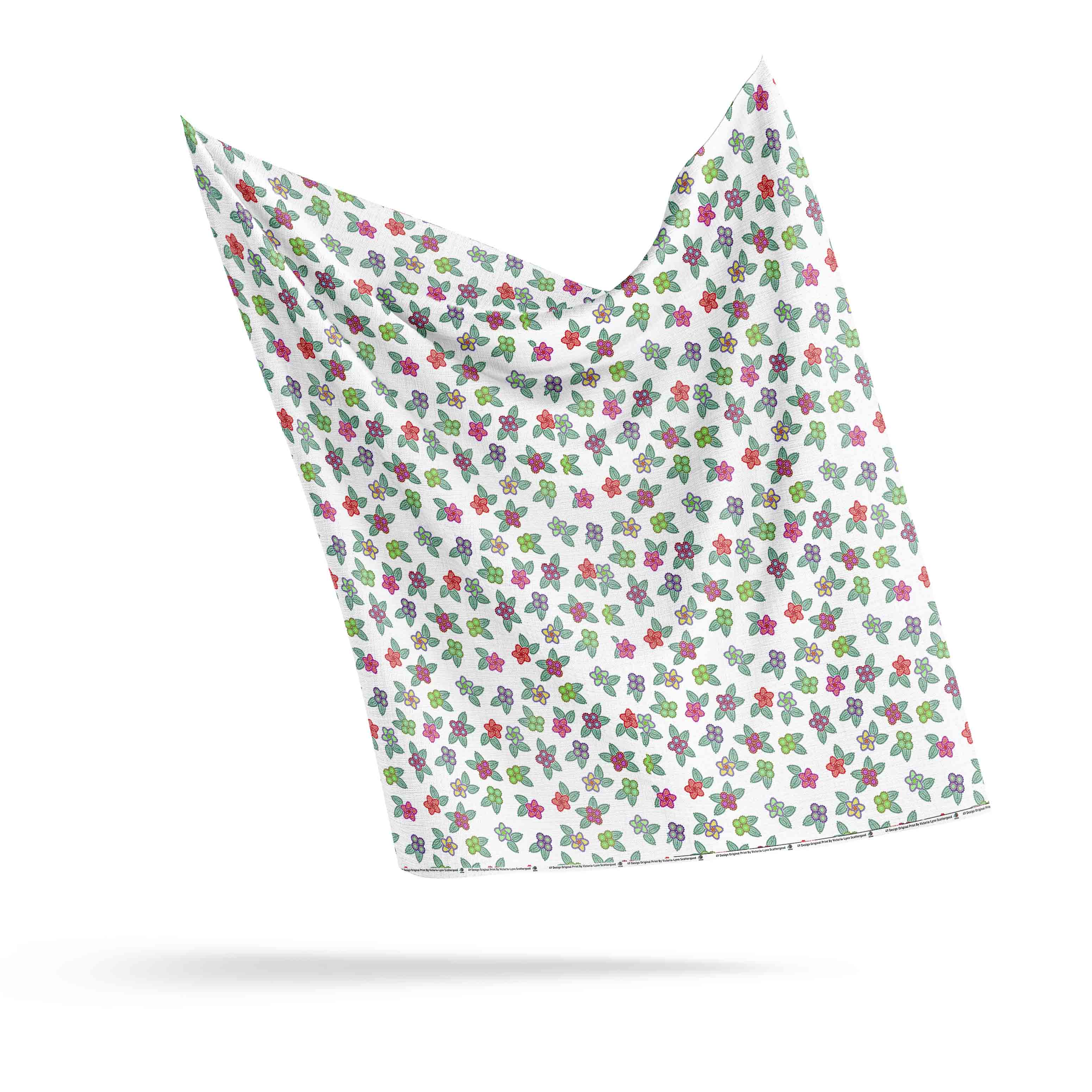 Berry Flowers White Cotton Poplin Fabric By the Yard