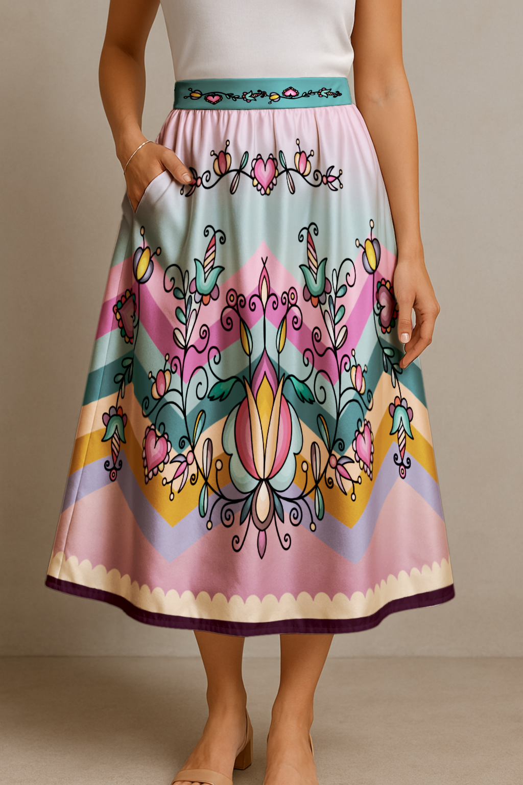 Harvest Hearth Floral Elastic Waist Pocket Midi Skirt