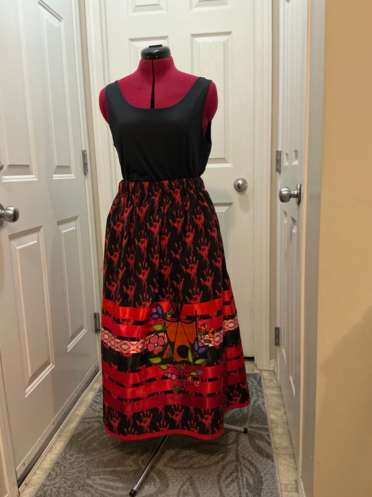 Liz Pelland Black & Red Handprint Ribbon Skirt