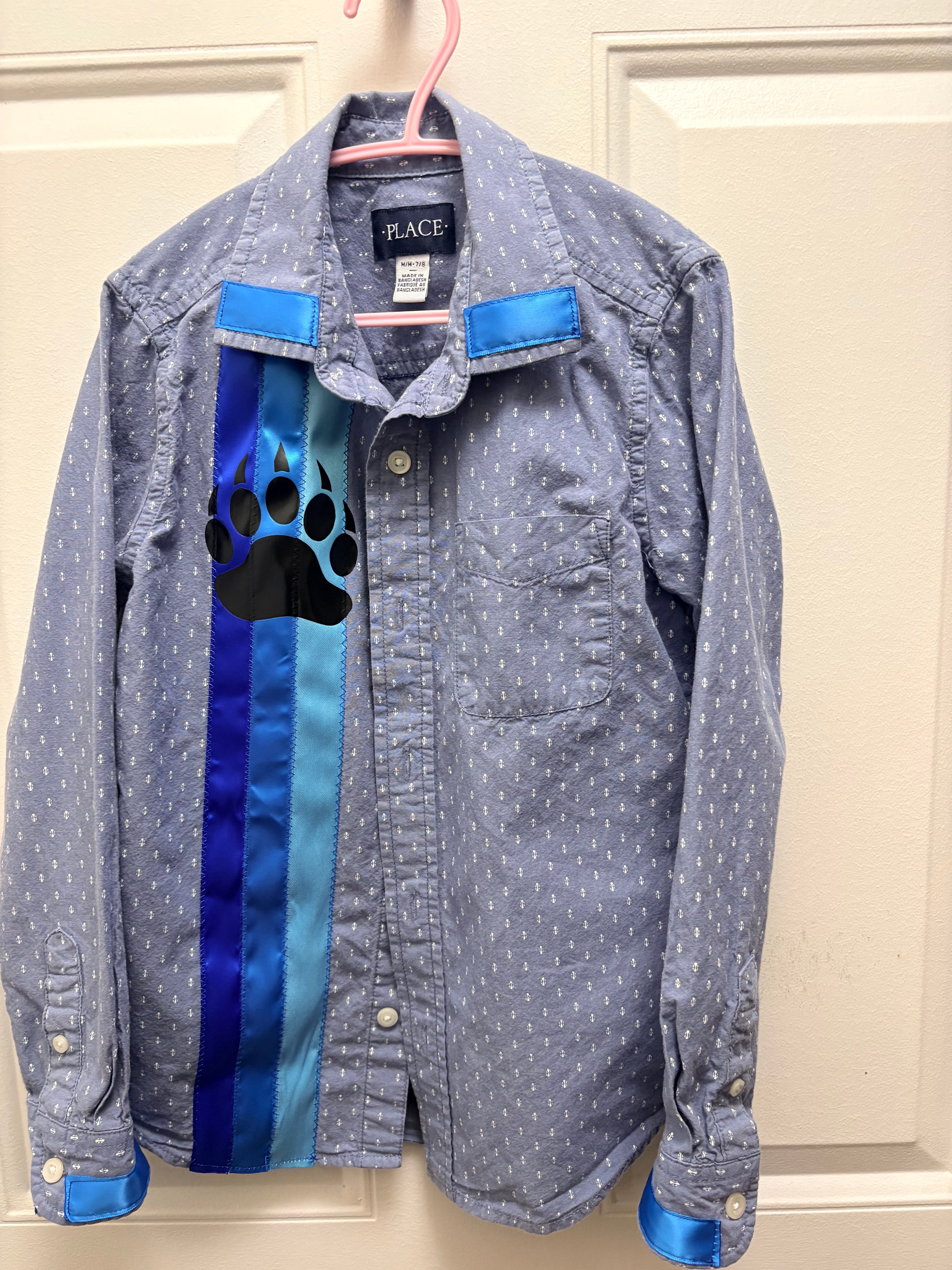 Lakota Artist Jackie Kid's Blue Bearpaw Ribbon Shirt