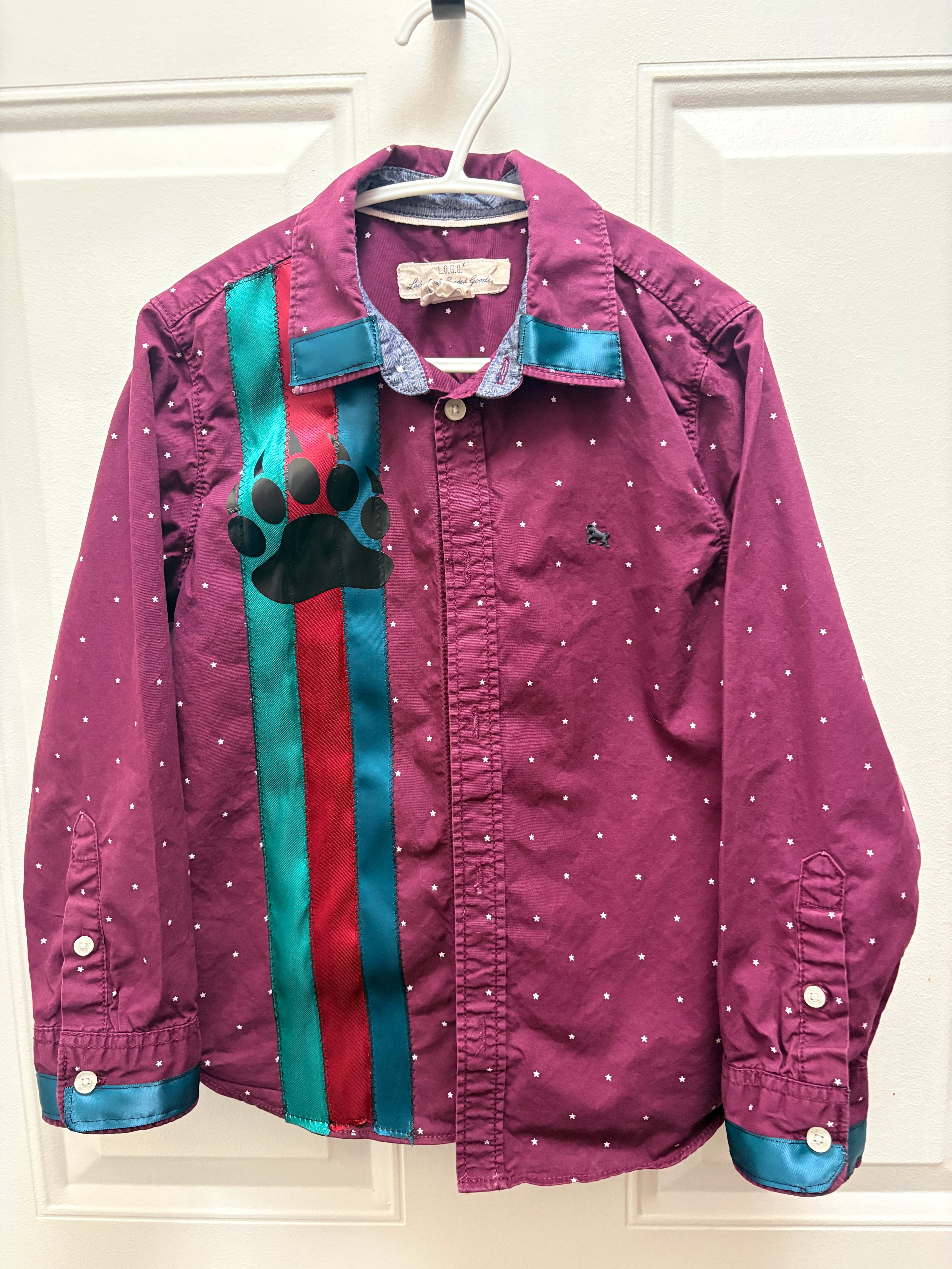Lakota Artist Jackie Kid's Burgundy Bearpaw Ribbon Shirt