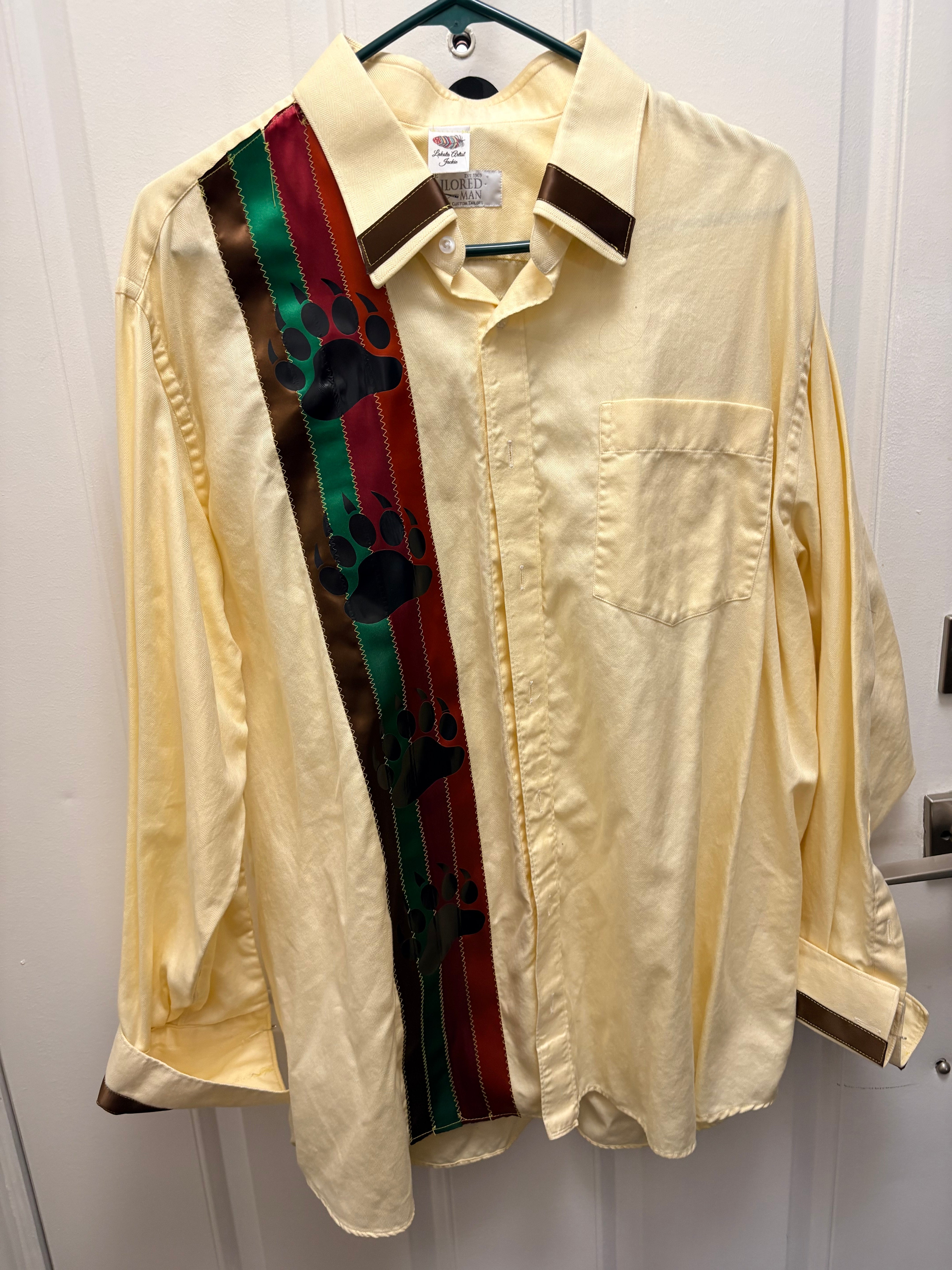 Lakota Artist Jackie Khaki Bearpaw Ribbon Shirt