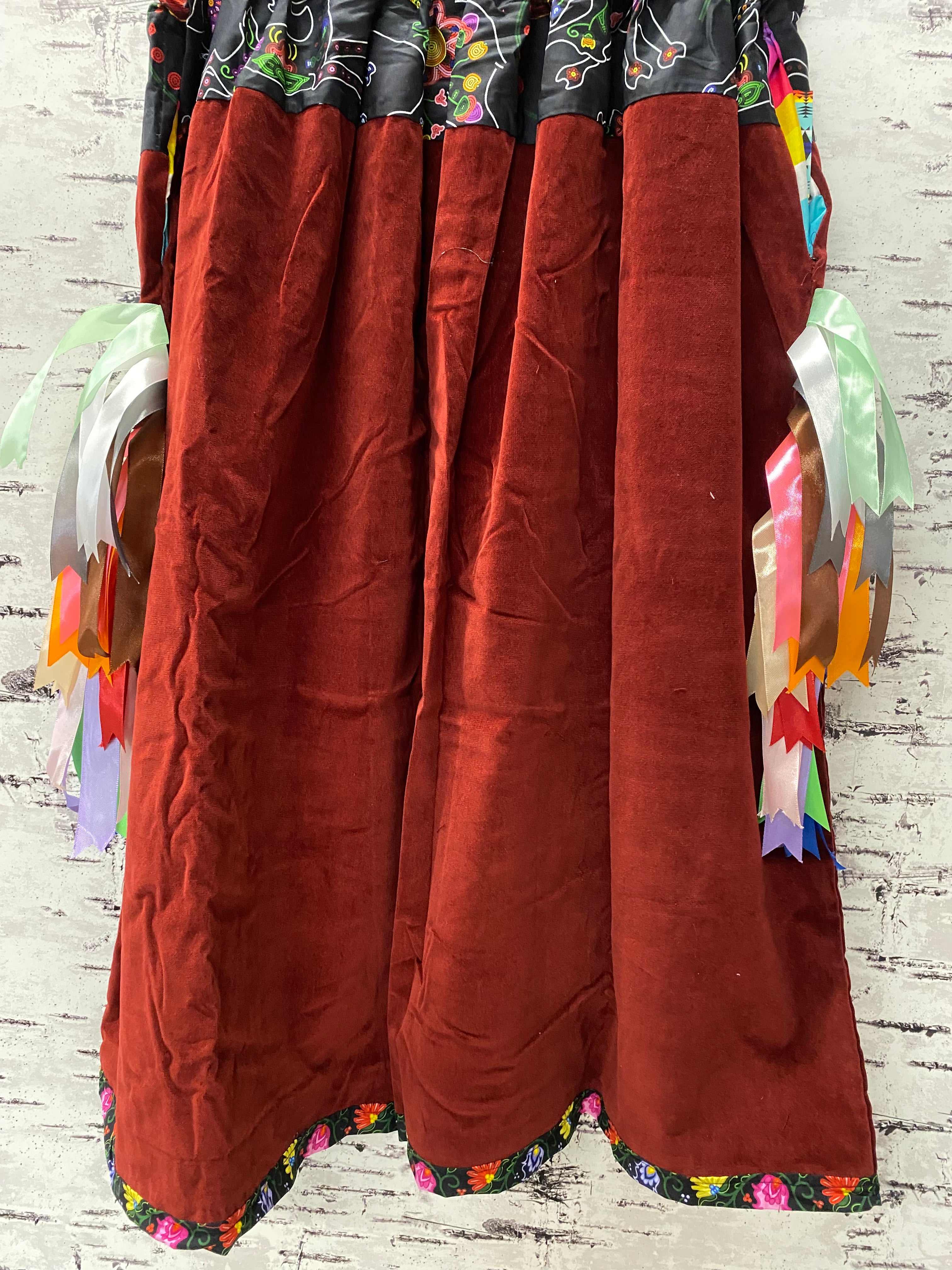 Handmade Burgundy Velvet w/Beaded Animals Ribbon Skirt