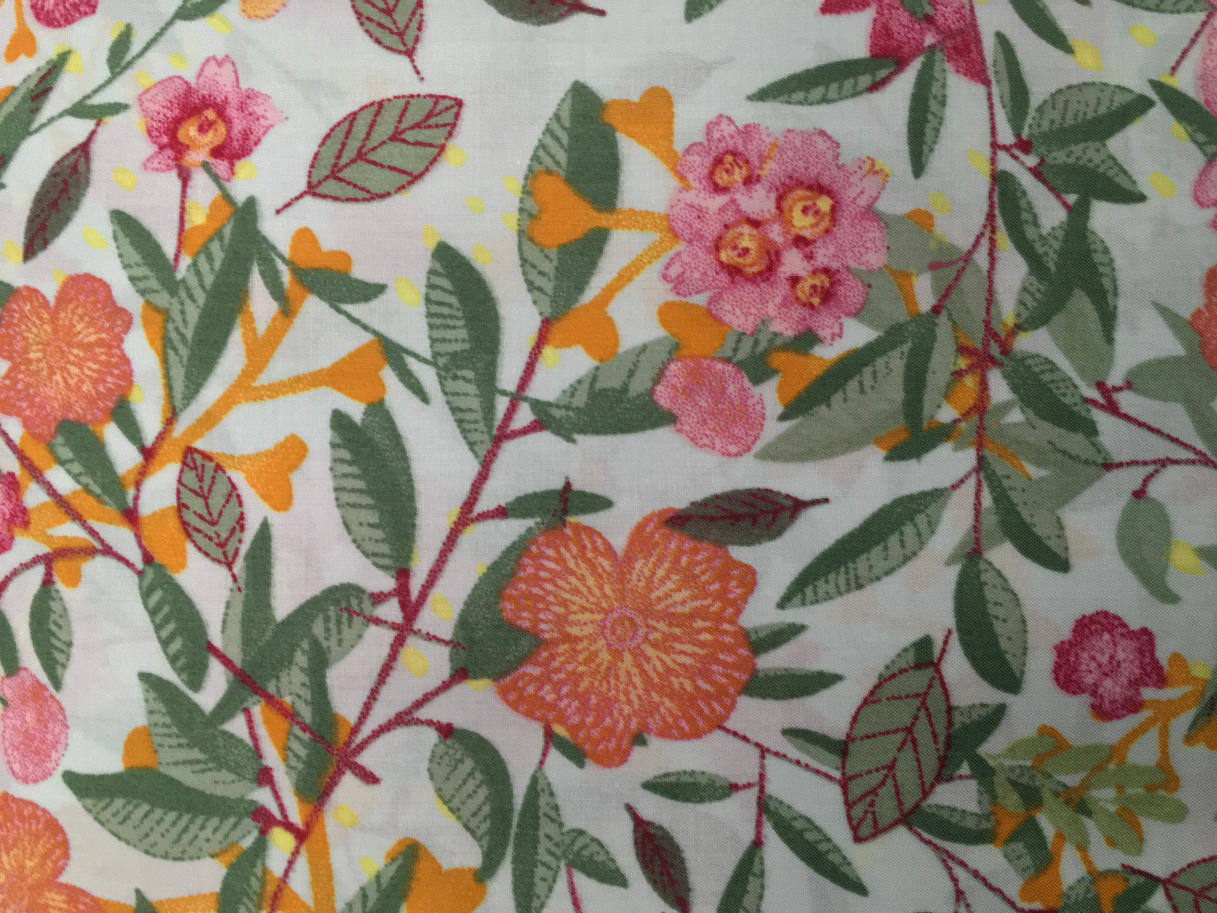 Pink Flowers and Orange Spring Flowers White Background 56 inch Cotton Fabric