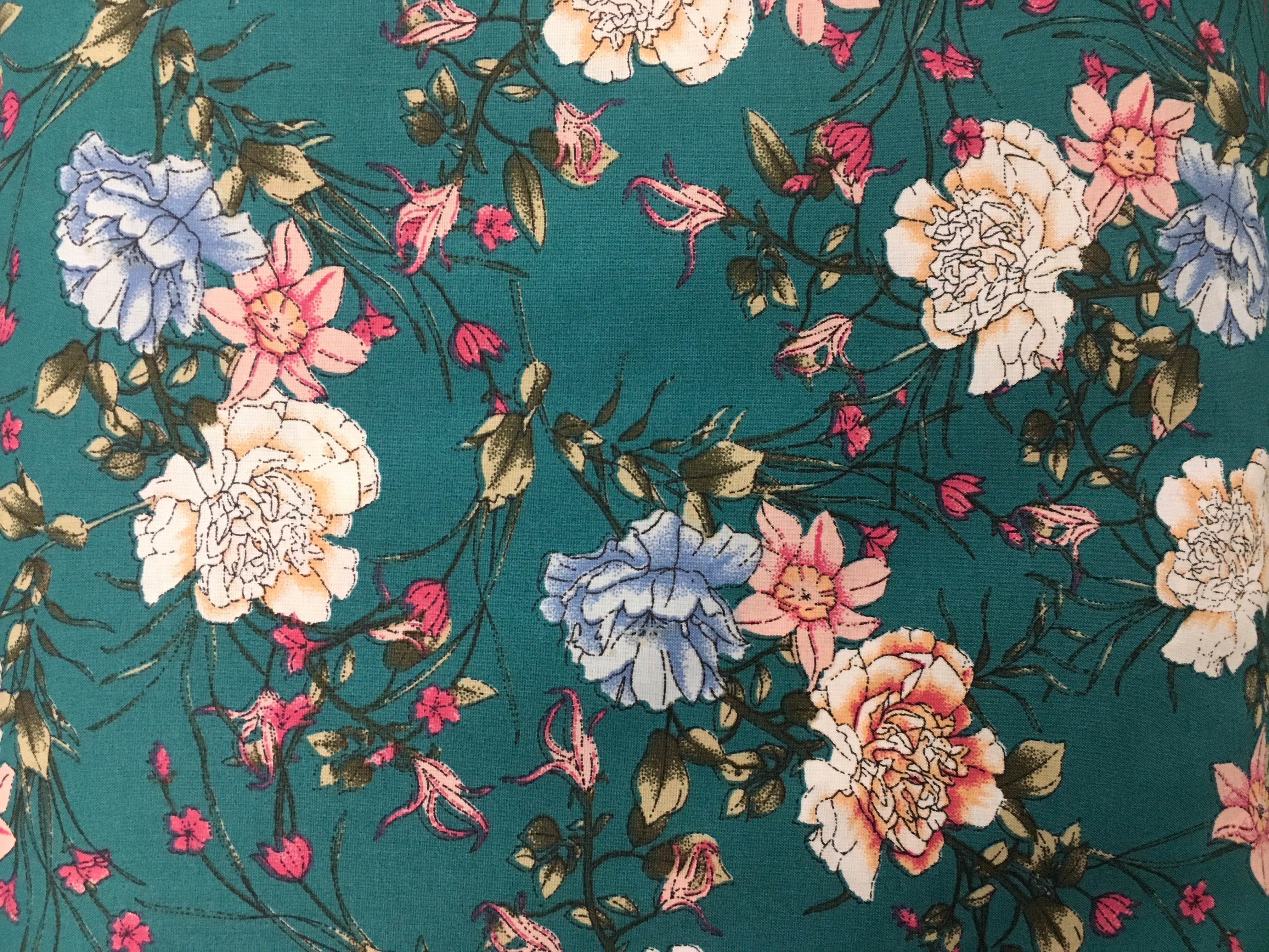 Light Blue Pink Pearl White Flowers Turquoise Background 56 inch Cotton Fabric