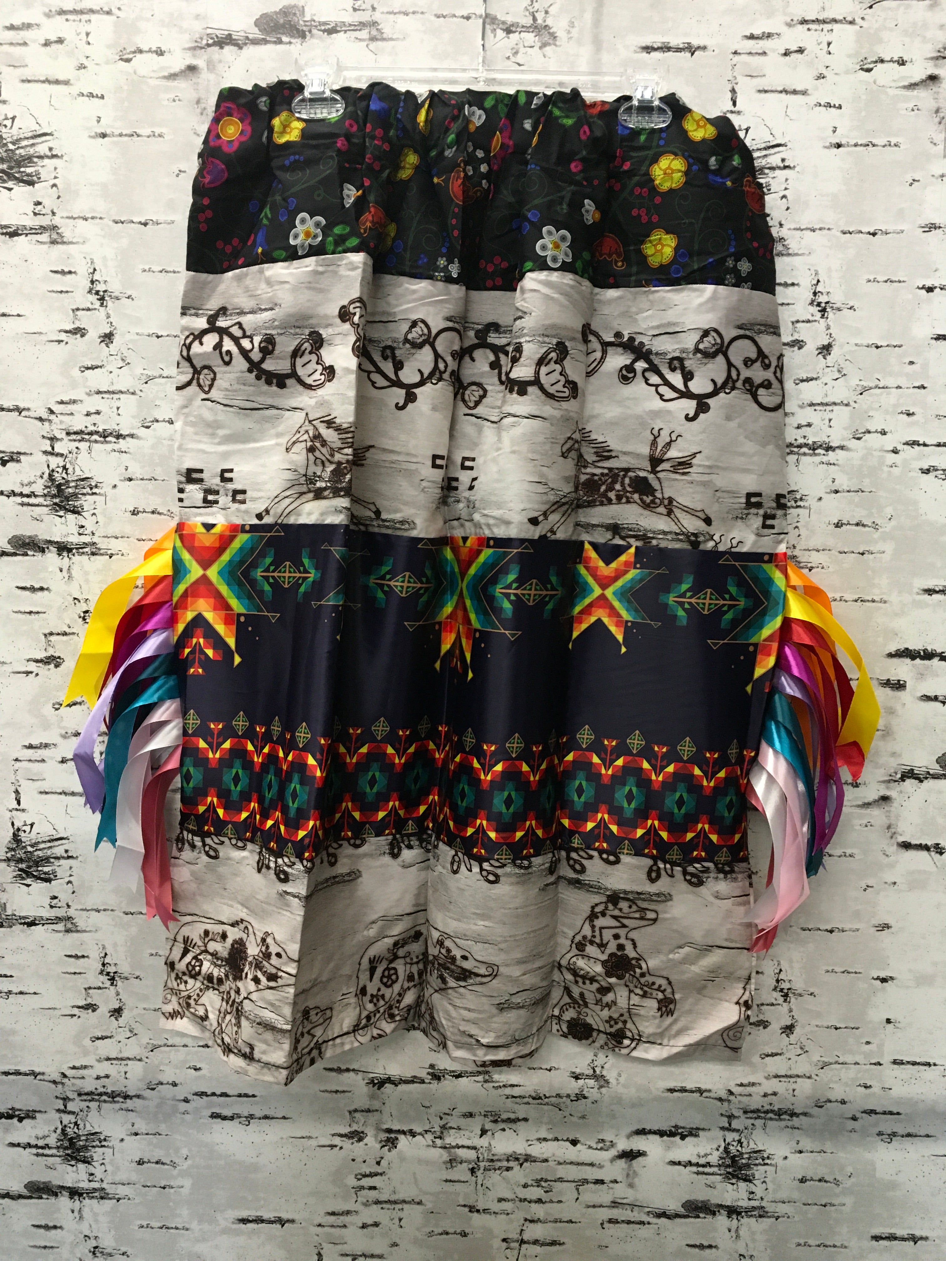 Handmade Birch Horses and Bears & Black Beaded Nipin Trim w/ Satin Geometric Strip Ribbon Skirt