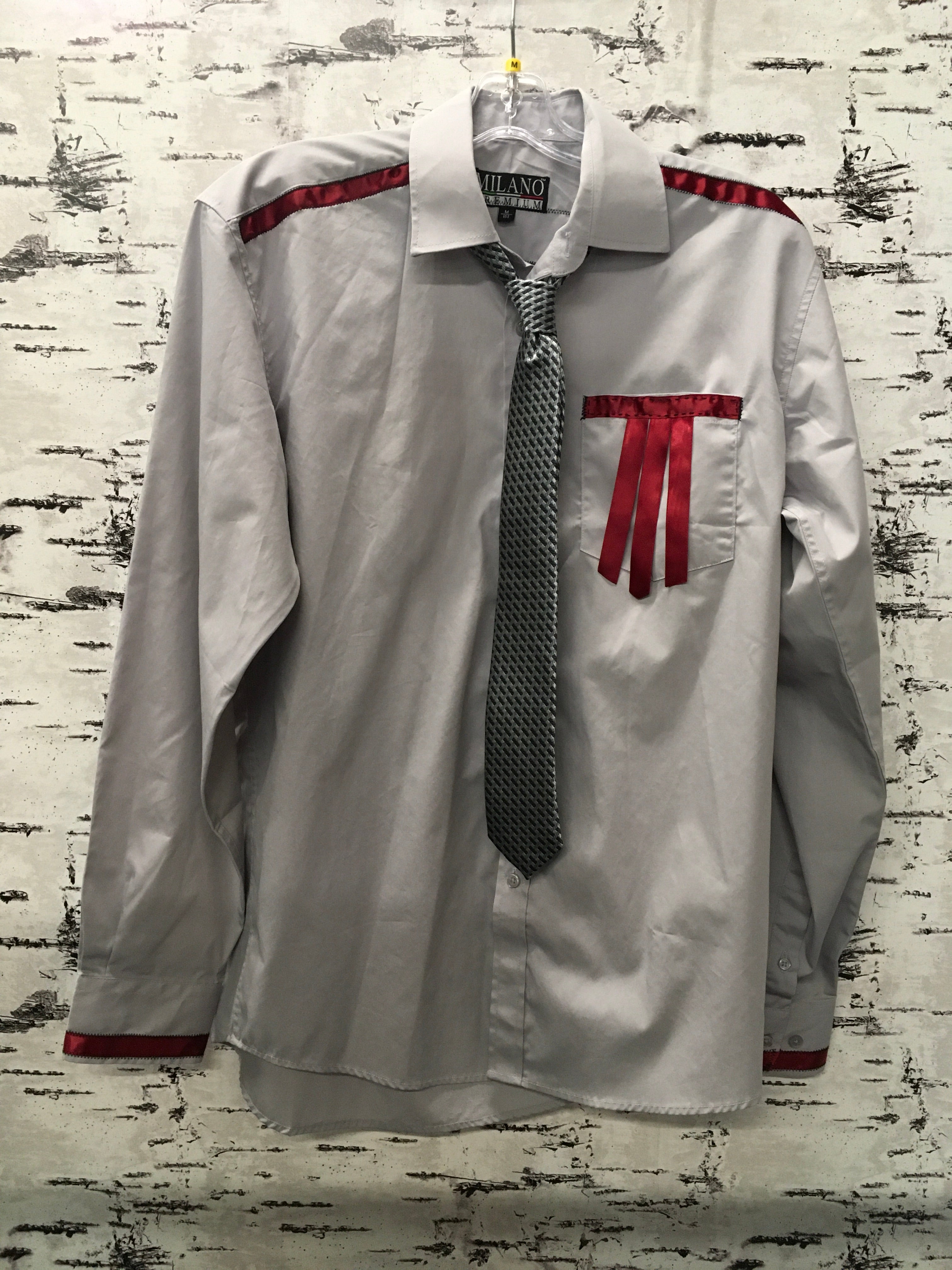 Handmade Ribbon Shirt Grey & Red Ribbon w/ Floral Horse Back & Tie