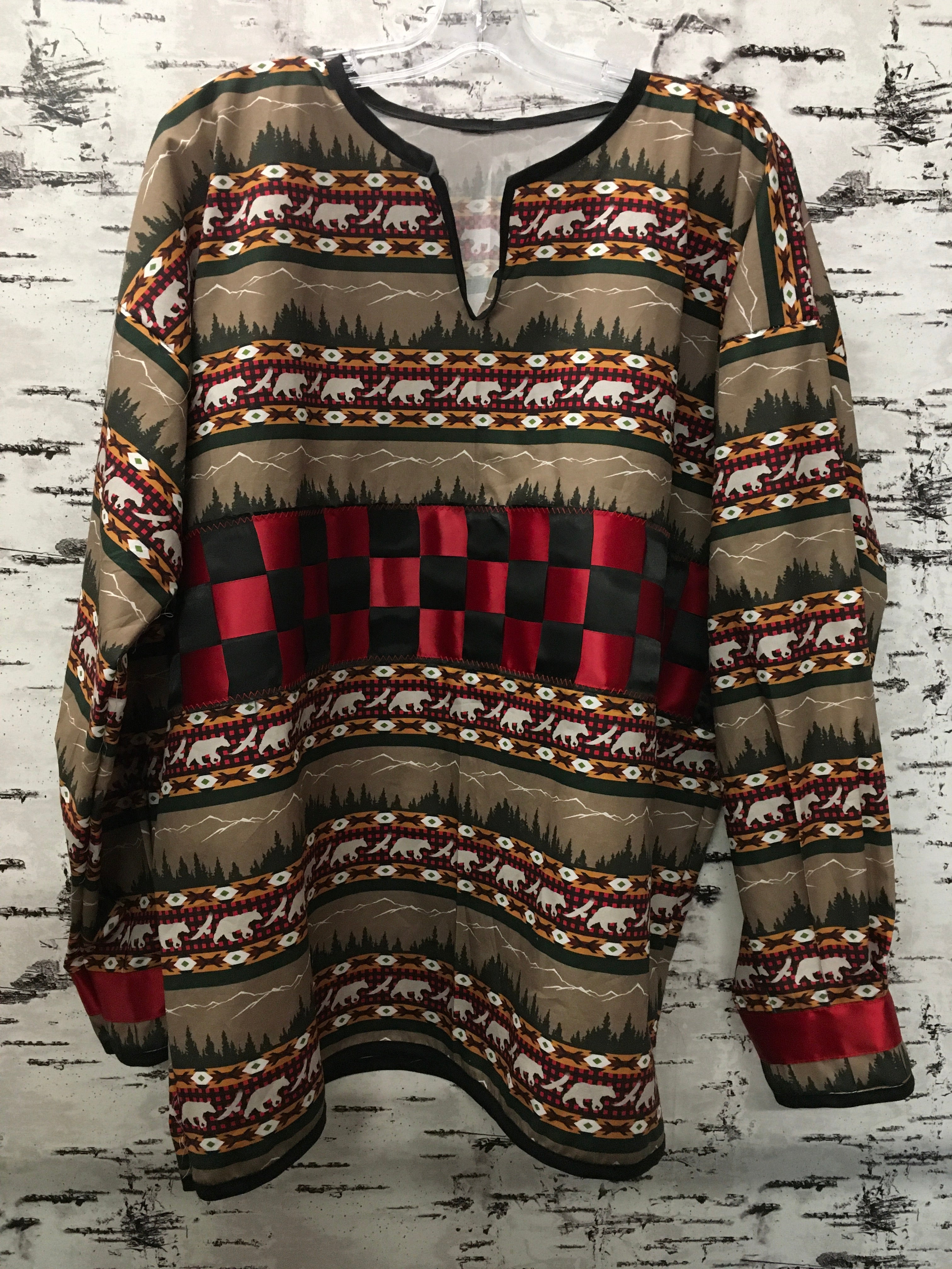 Handmade Ribbon Shirt Brown Mountain Forest w/ Red & Black Checkered Ribbon