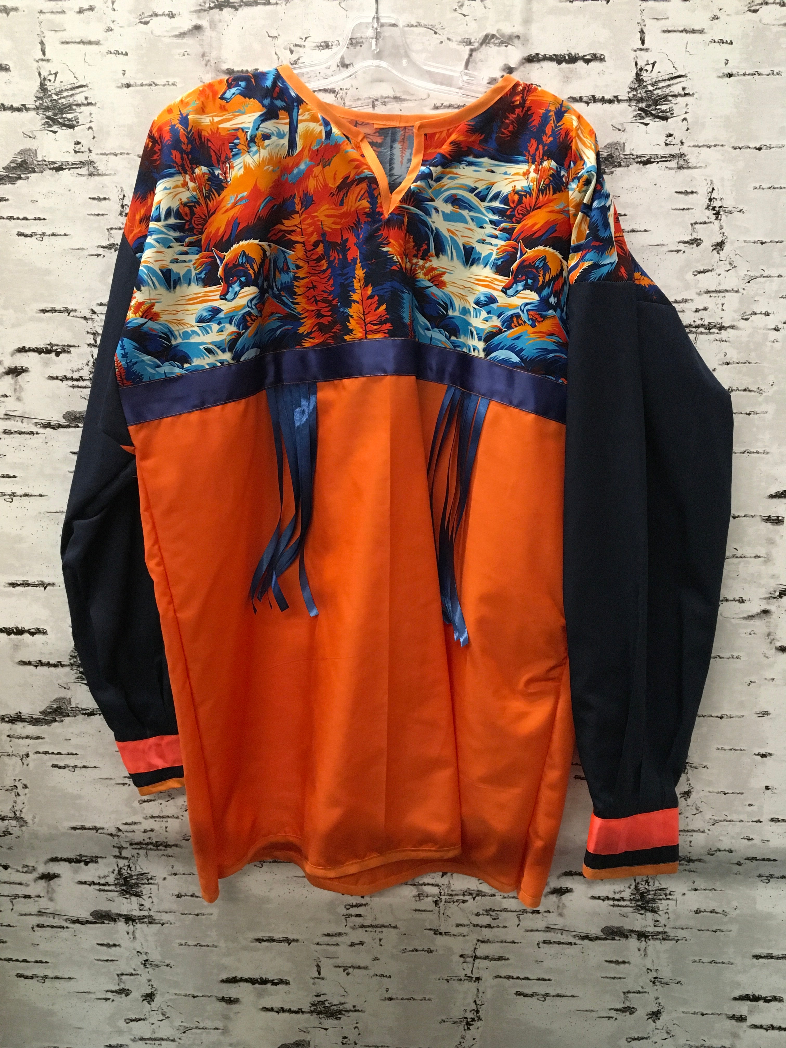 Handmade Ribbon Shirt Orange & Blue Wolf Pack