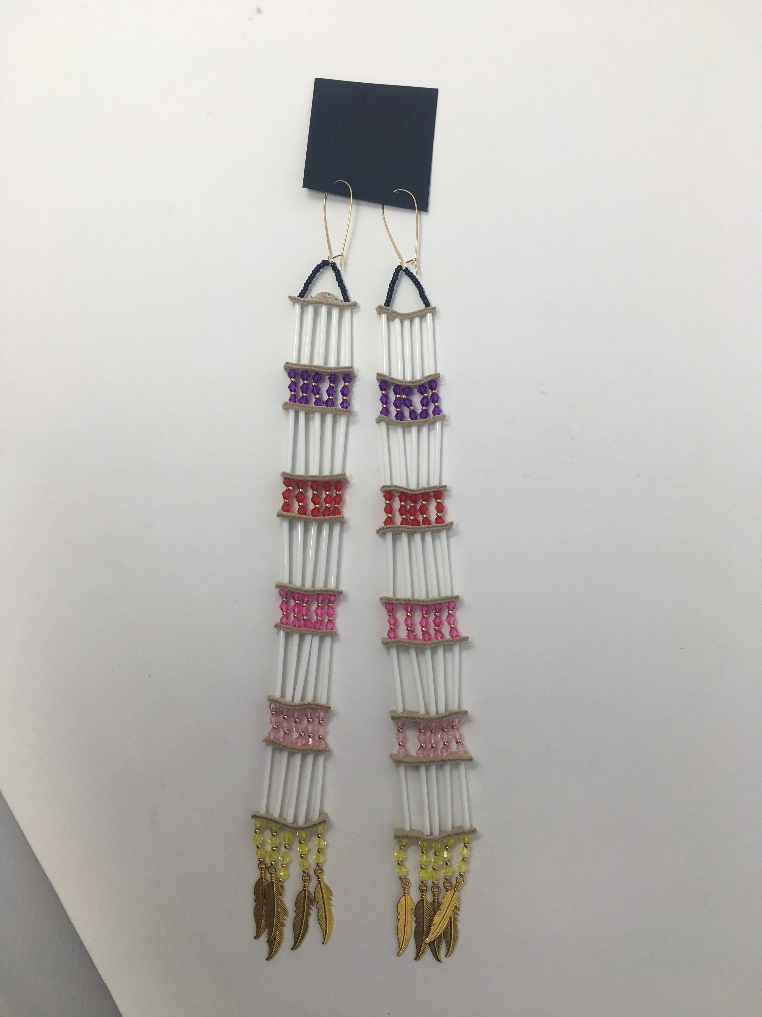 Sunny Poloz bugle bead extra long earrings with gold feather charms