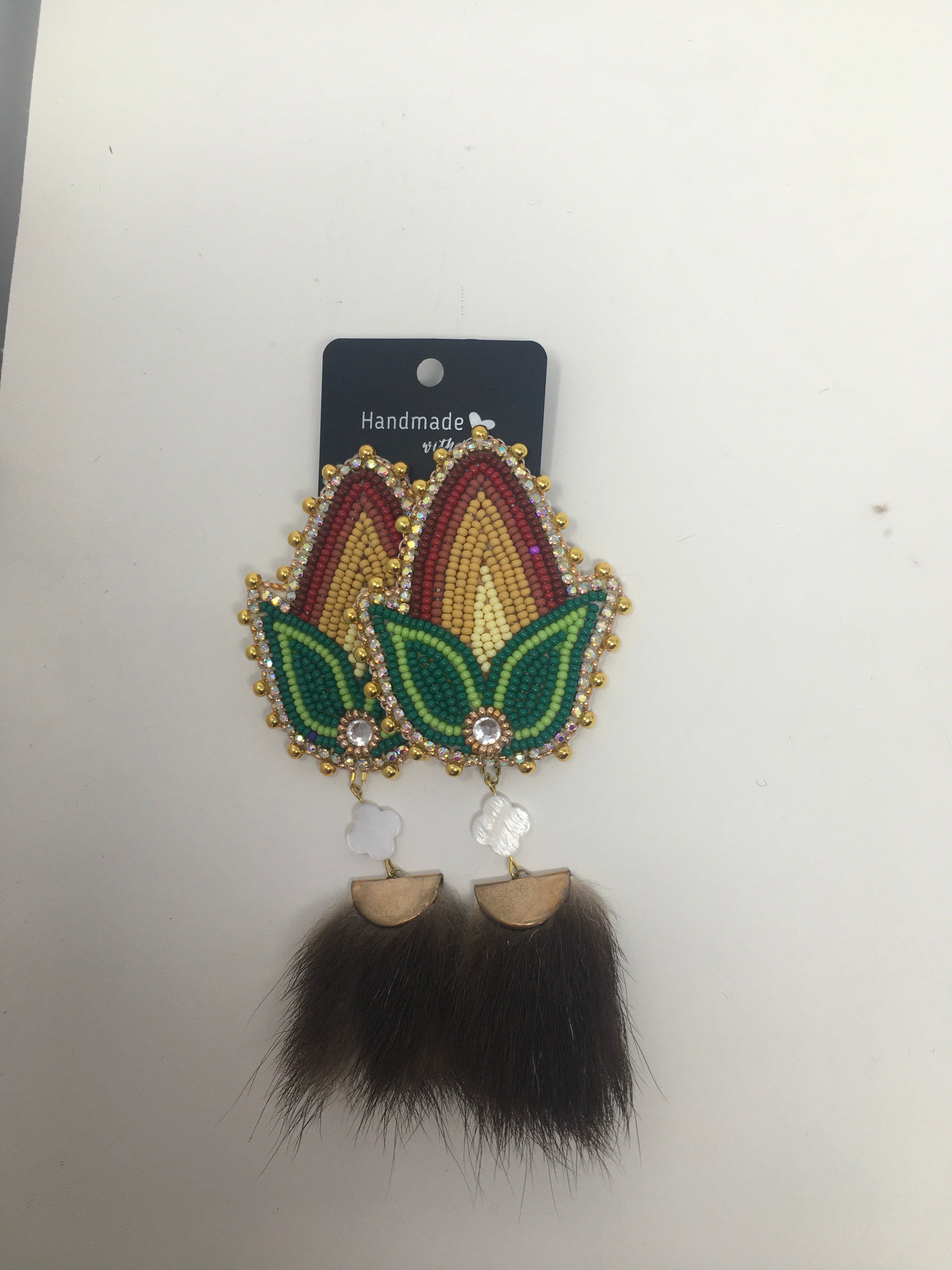 Sunny Poloz  bamboo shoot earrings with small gem cabochon and brown rabbit fur dangle