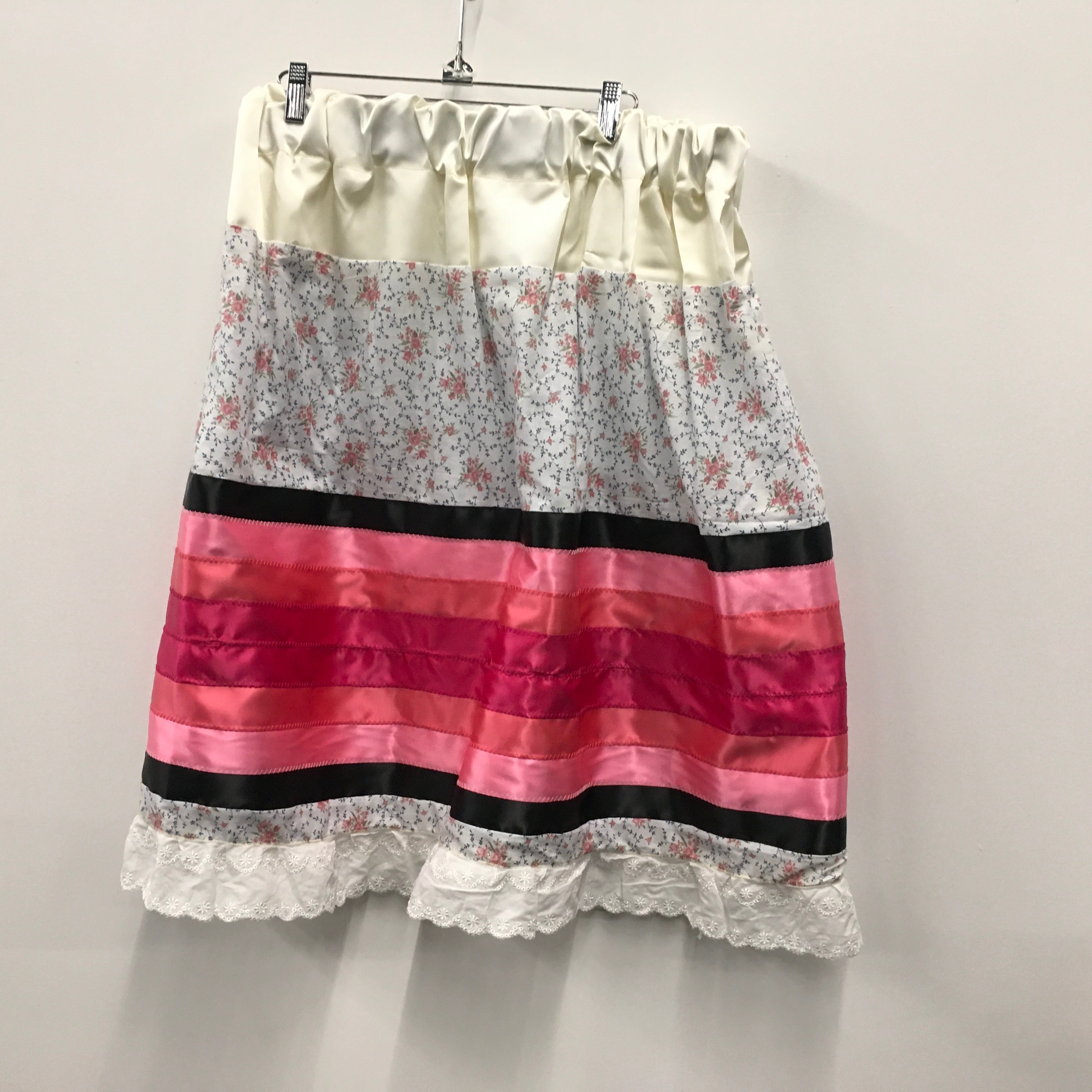 Handmade Ribbon Skirt White Florals w/ Pink Ribbons