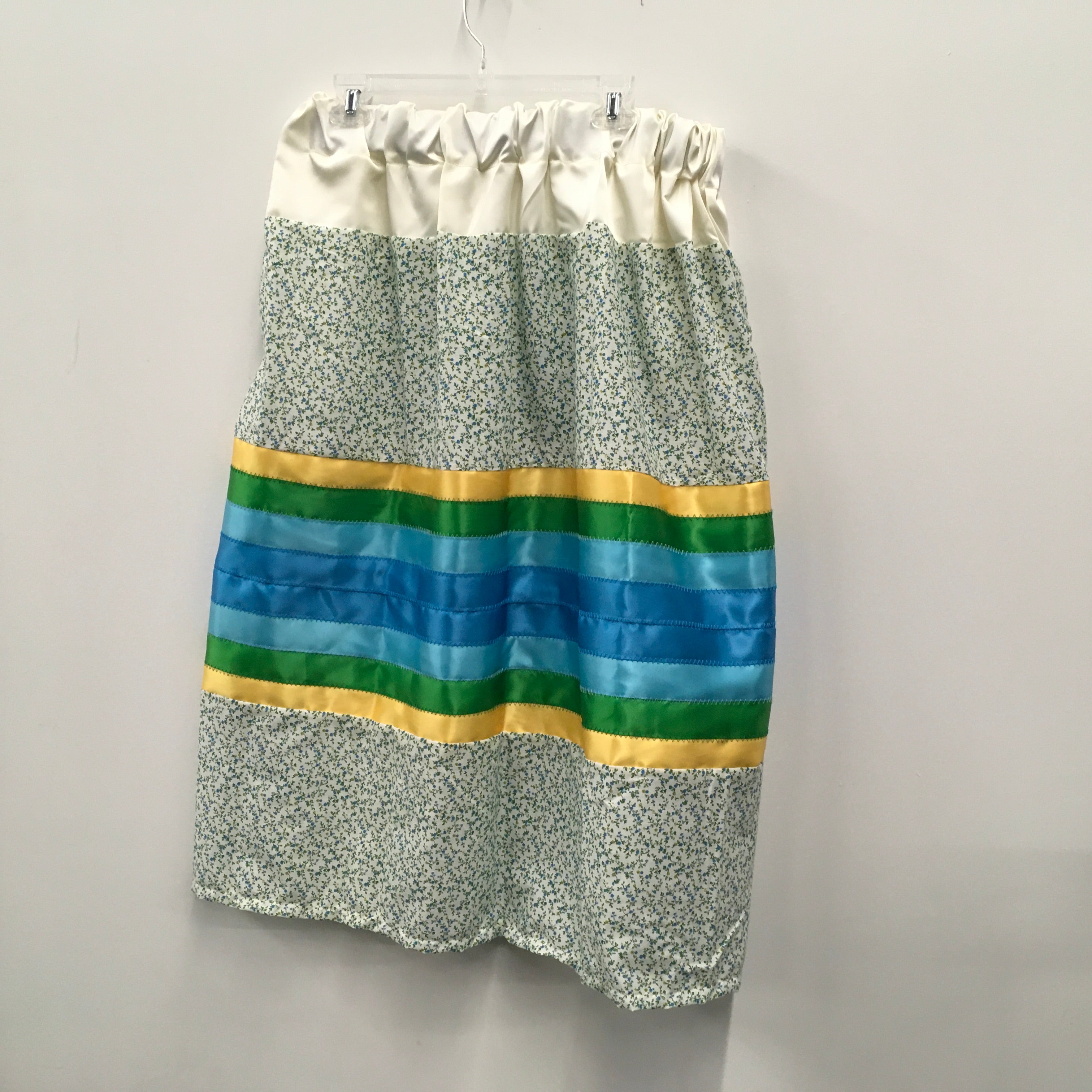 Handmade Ribbon Skirt White Florals w/ Blue/Green/Yellow Ribbons