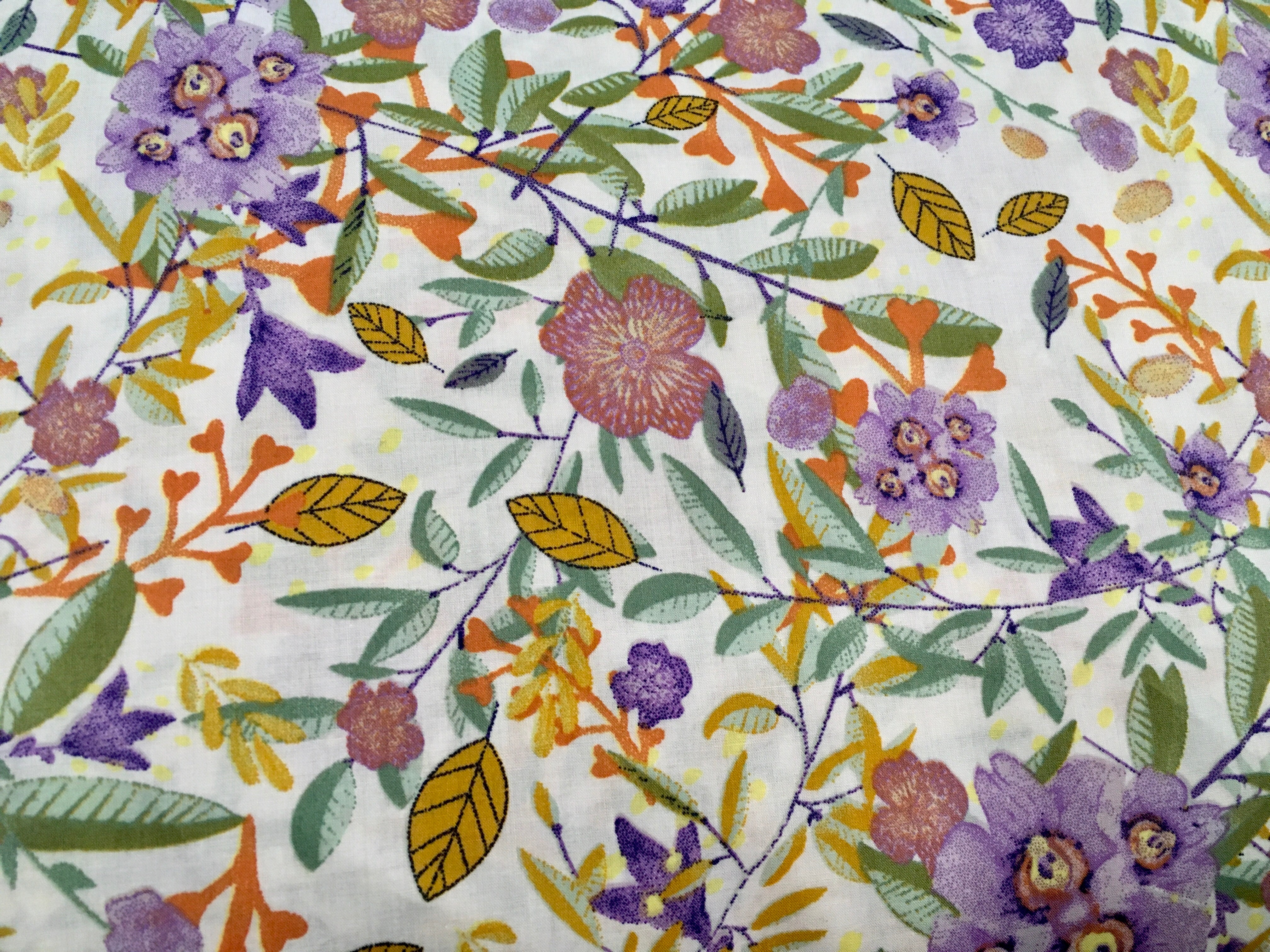 Purple and Orange Flowers with Ivory Background 56 inch Cotton Fabric