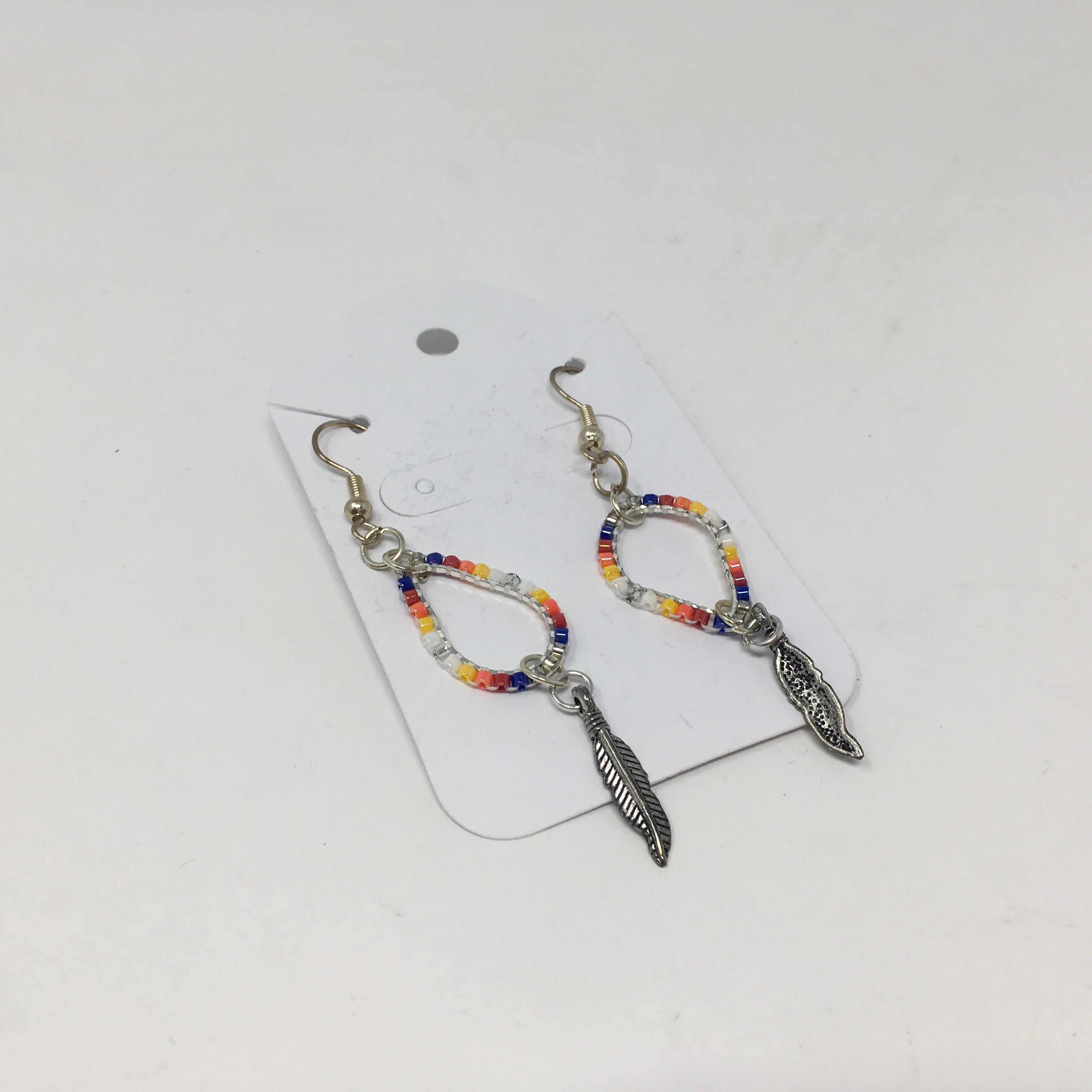 Handmade Beaded Feather Teardrop Hoop Earrings