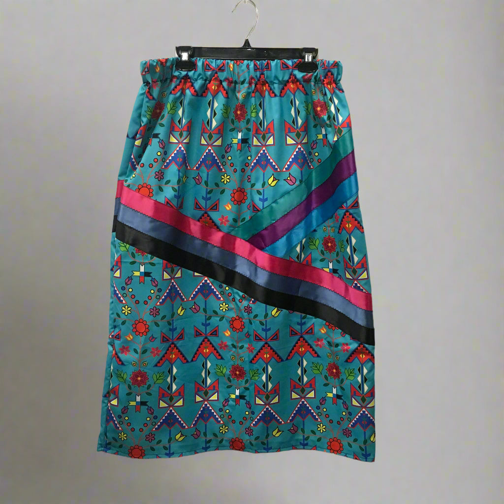 Turquoise Floral & Geometric Ribbon Skirt w/ Diagonal Ribbons