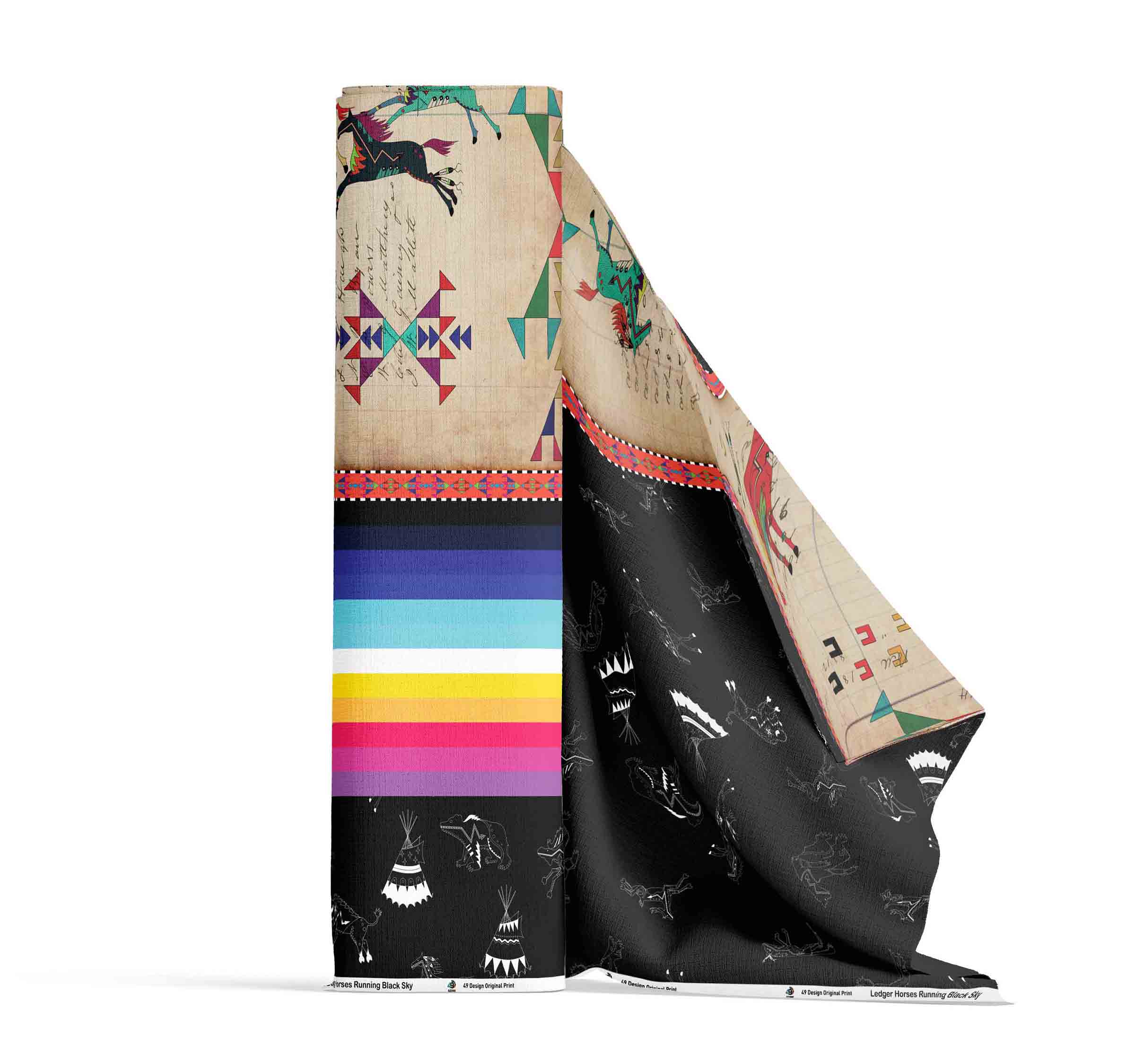Ledger Horses Running Black Sky Cotton Fabric