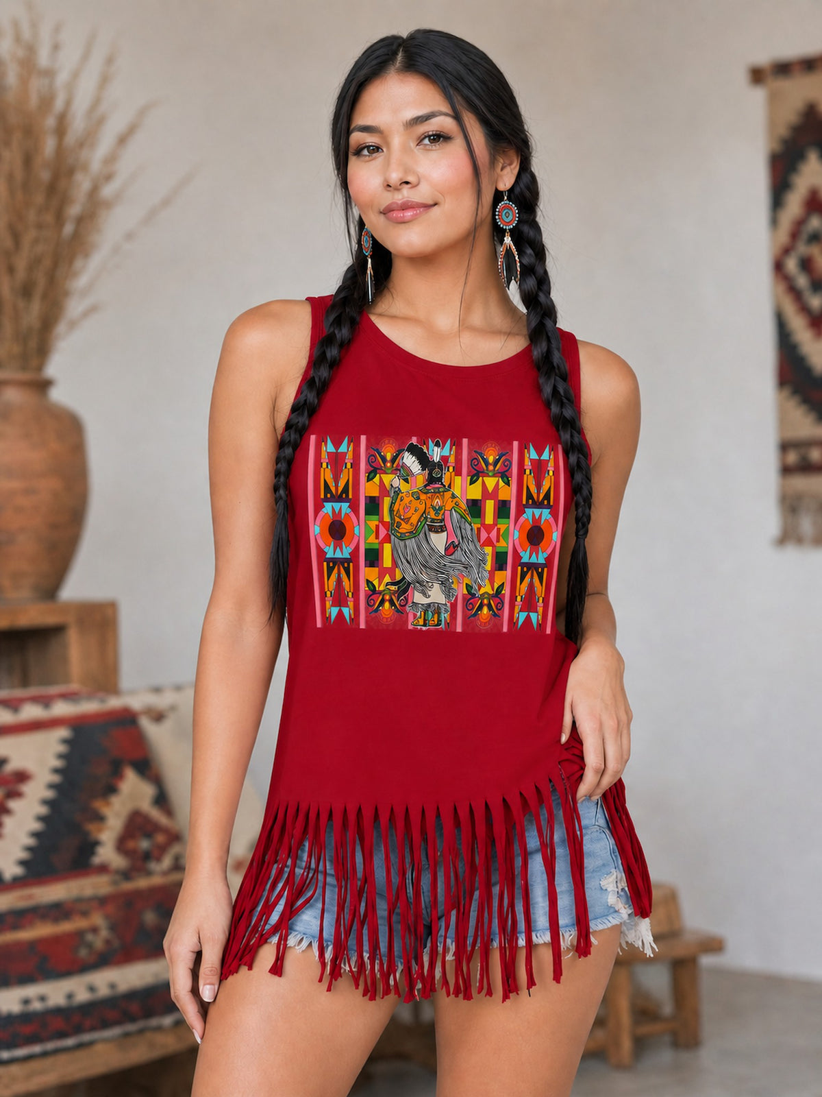 Large Size Tank Top with Fringe Accent