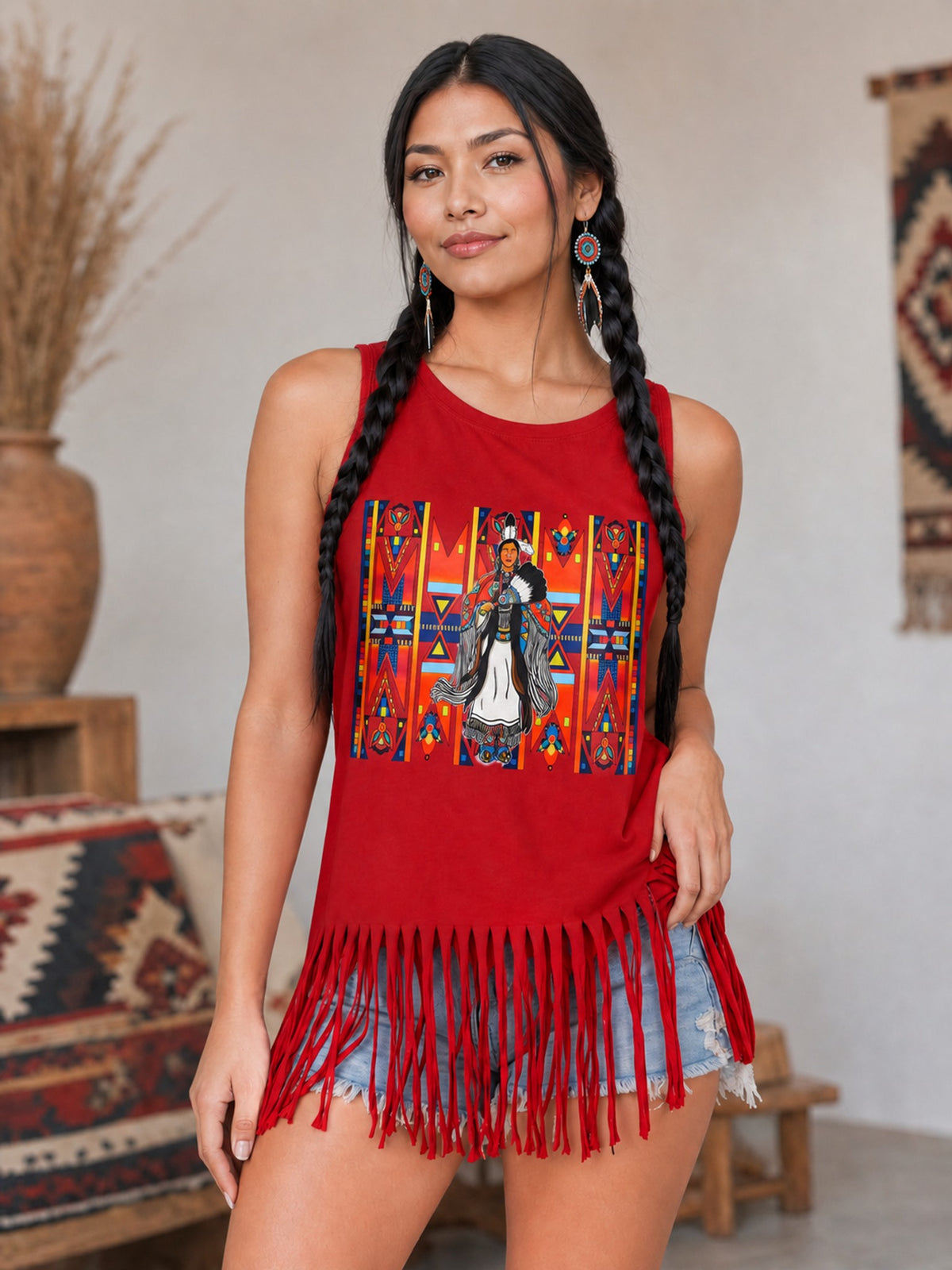 Large Size Tank Top with Fringe Accent 06